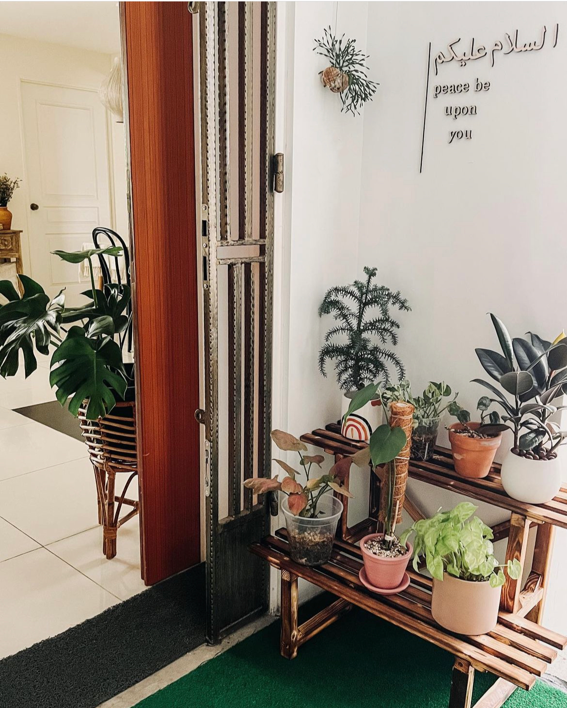 Make a great impression in your foyer/entryway - vibrant green plants, indoor garden, cozy corner, wooden bench, potted