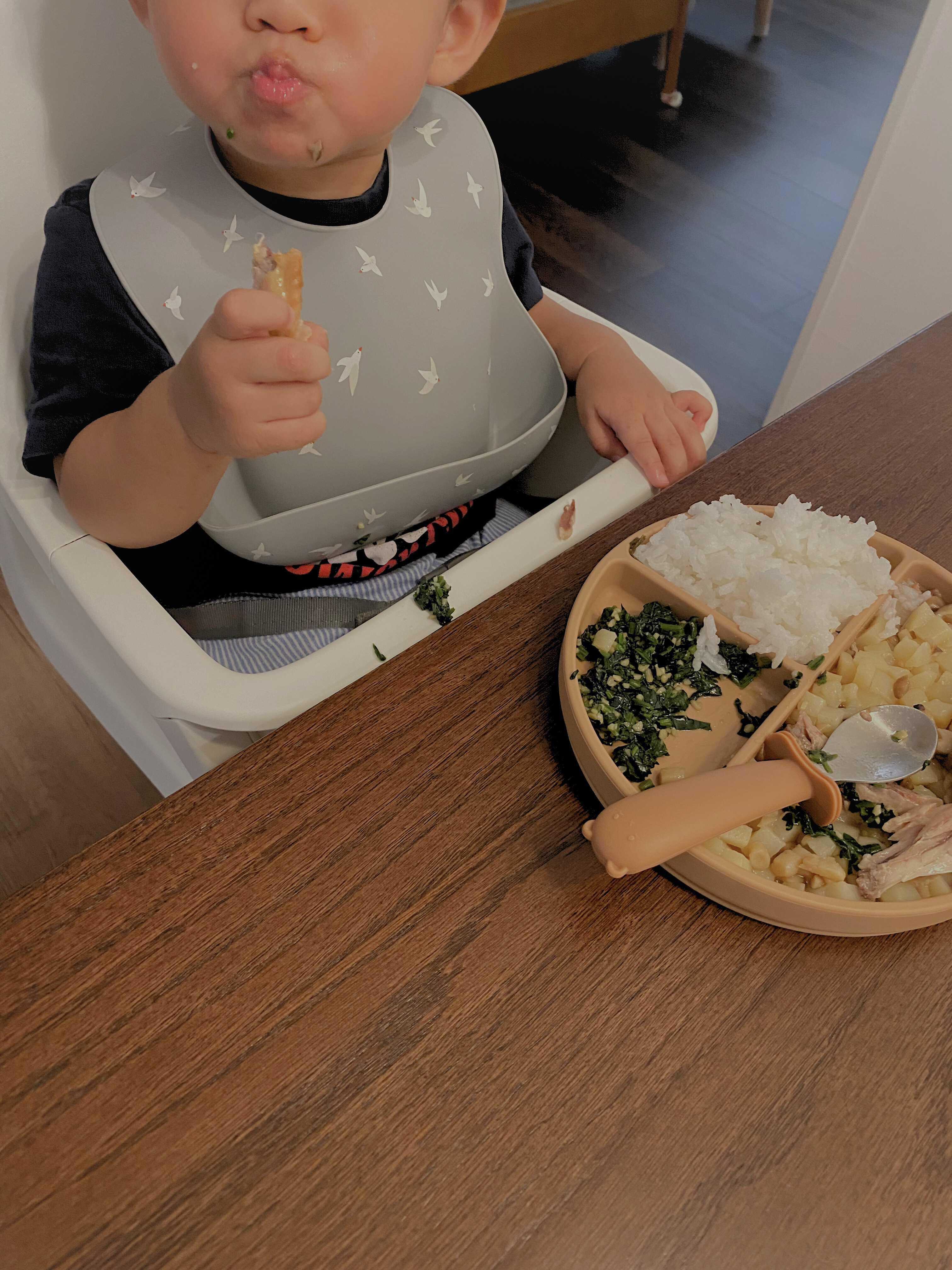 Dining Room For Family of 3 - Baby wearing bib, eating food, wooden table, white plate, rice, vegetables, chicken, spoon