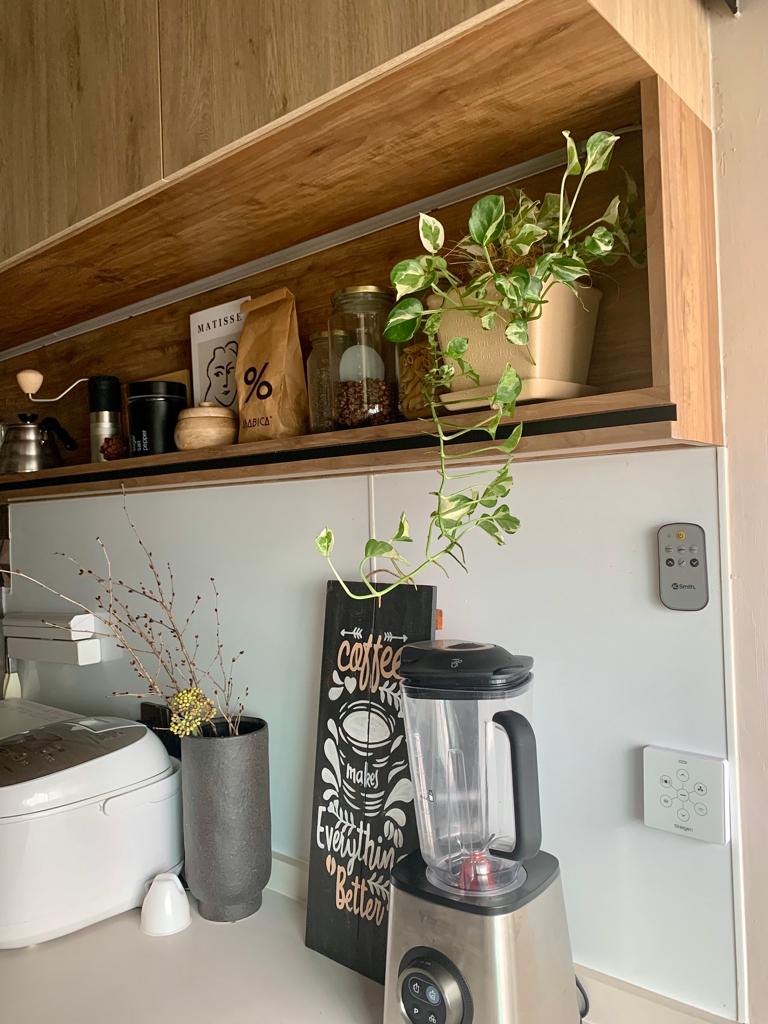 Japanese Inspired Interior | Minimal plants with impact  - Wooden shelf, kitchen countertop, coffee machine, blender, plant