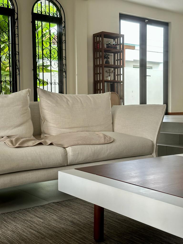 Living in simplicity where less is more - Modern living room, beige sofa, elegant decor, large windows, black wrought iron