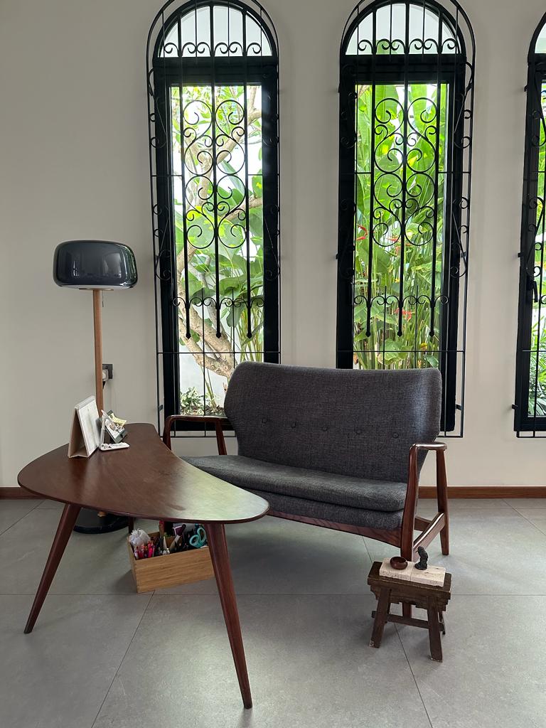 Living in simplicity where less is more - modern living room, stylish furniture, wooden coffee table, gray upholstered sofa