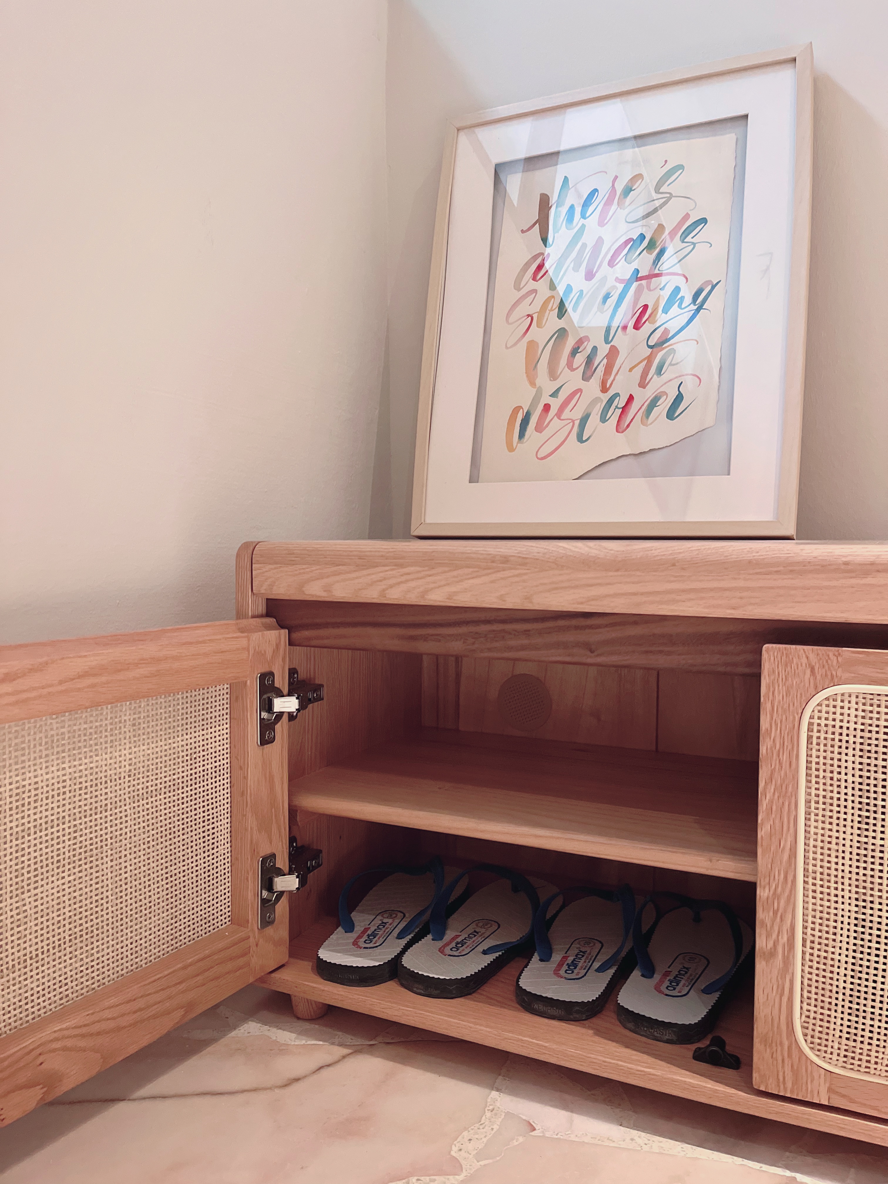 A warm and spacious foyer with a functional twist - Wooden storage unit, open shelf, wooden cabinet, wooden shelf, wooden