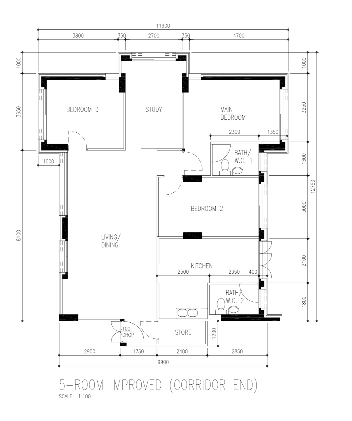 Self-designed maximalist home in Tiong Bahru - 5-room improved layout, Corridor end design, 1:100 scale plan, Bedroom 3