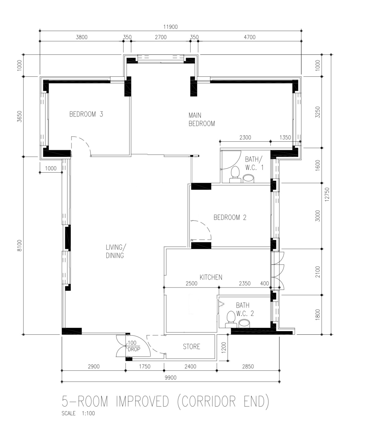 Self-designed maximalist home in Tiong Bahru - 5-room improved layout, Corridor end design, 1:100 scale plan, Bedroom 3, Main