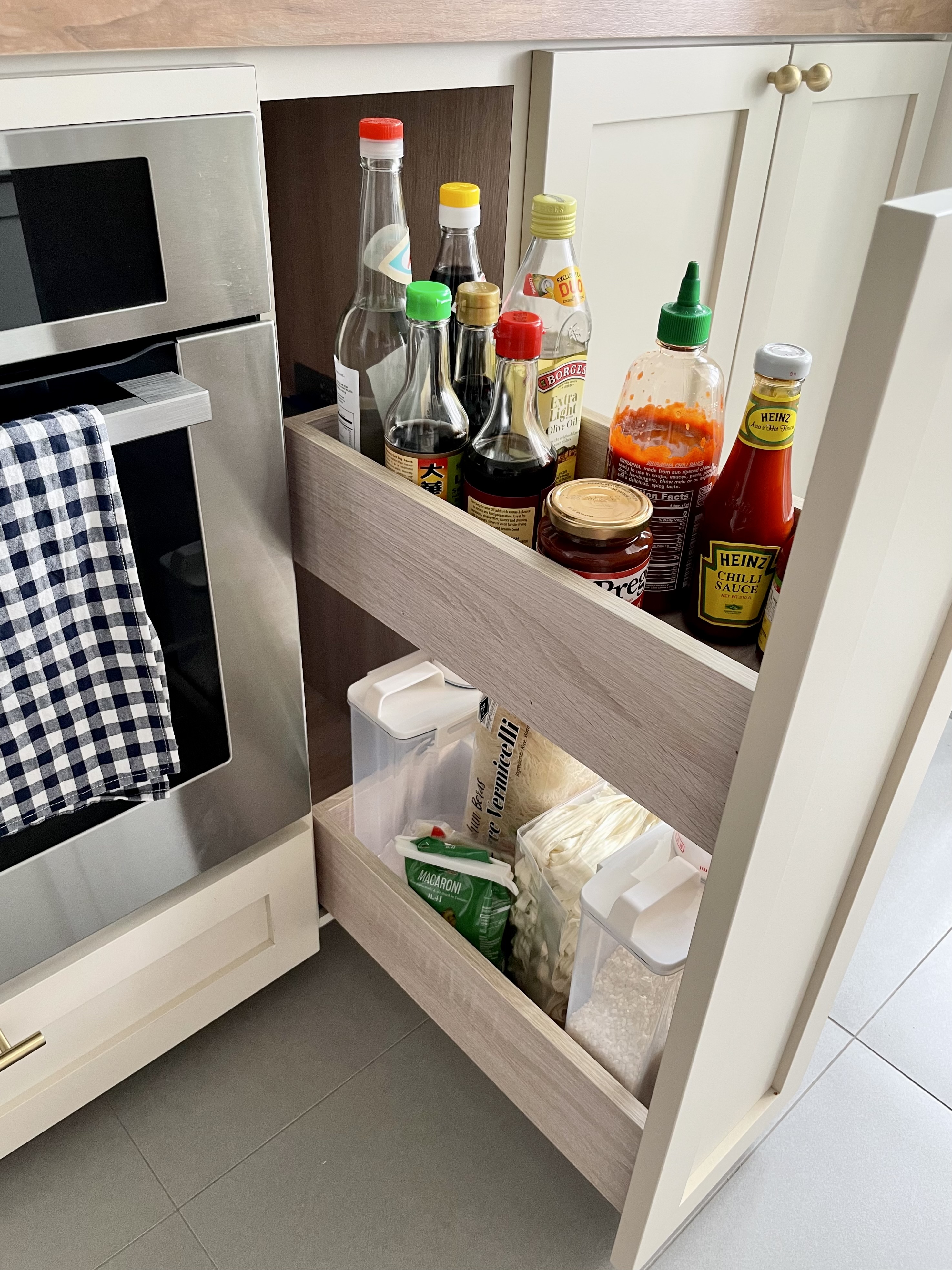 Dream Farmhouse Kitchen in small BTO - stainless steel oven, wooden drawer, neatly organized, kitchen cabinet, spice rack