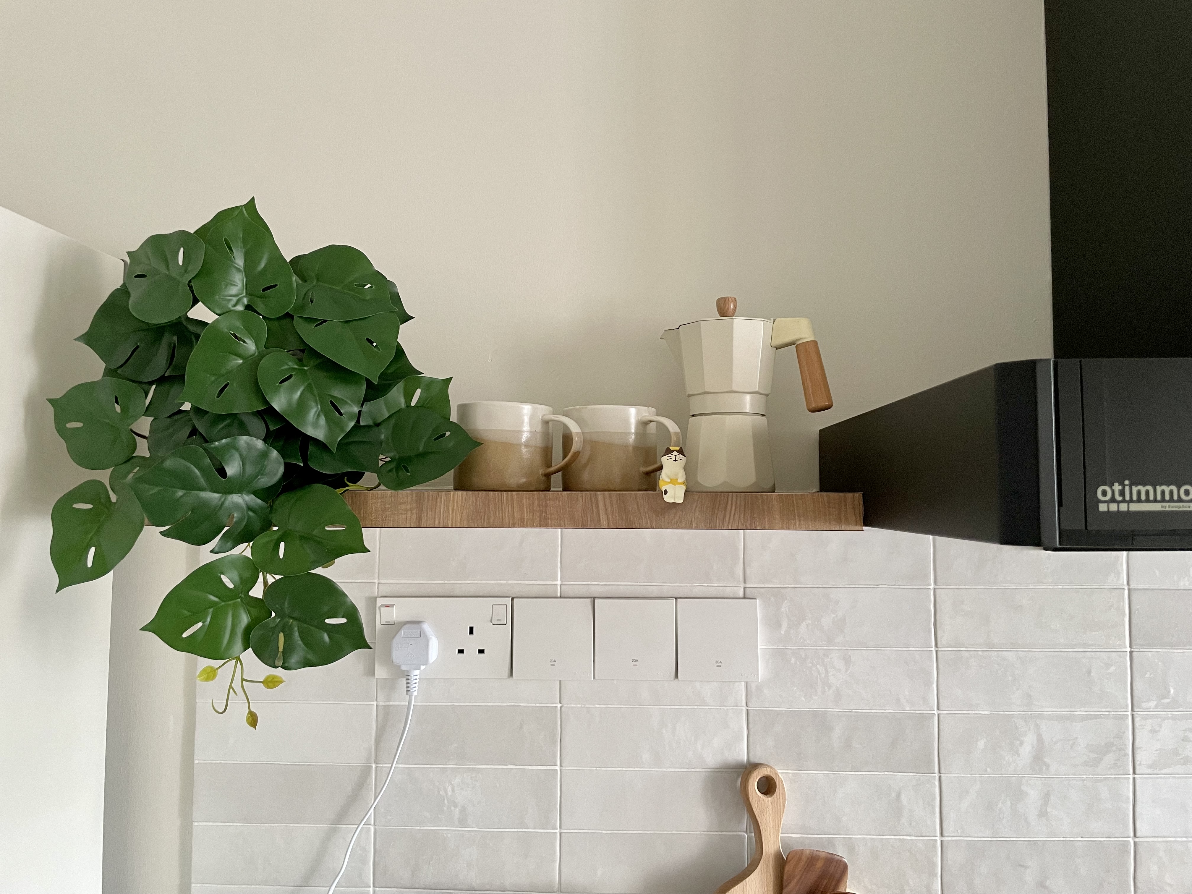 Dream Farmhouse Kitchen in small BTO - Green leafy plant, white wall, wooden shelf, coffee maker, ceramic mug, small cat