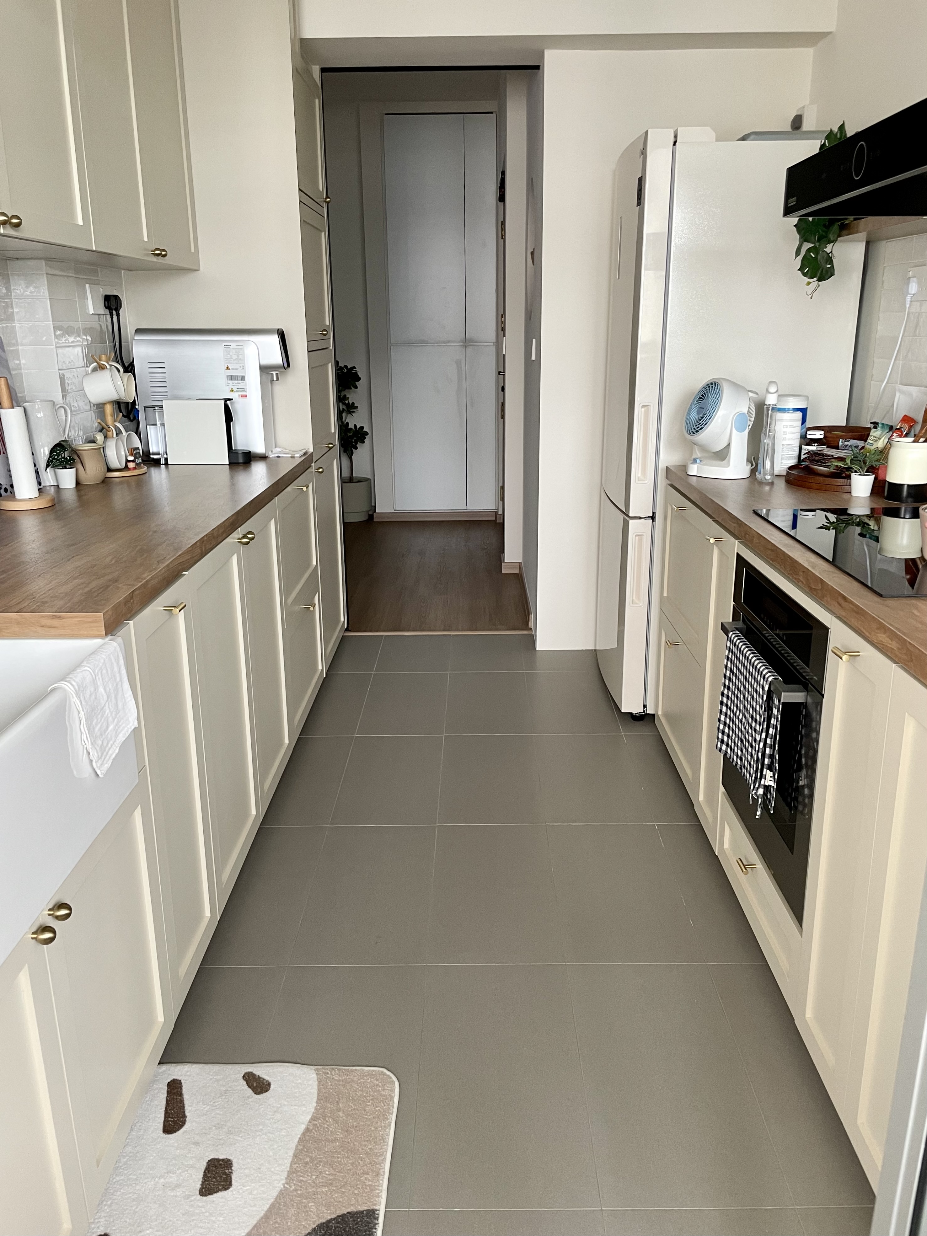 Dream Farmhouse Kitchen in small BTO - modern kitchen, open space, white cabinets, wooden countertops, gray tiles, minimalist