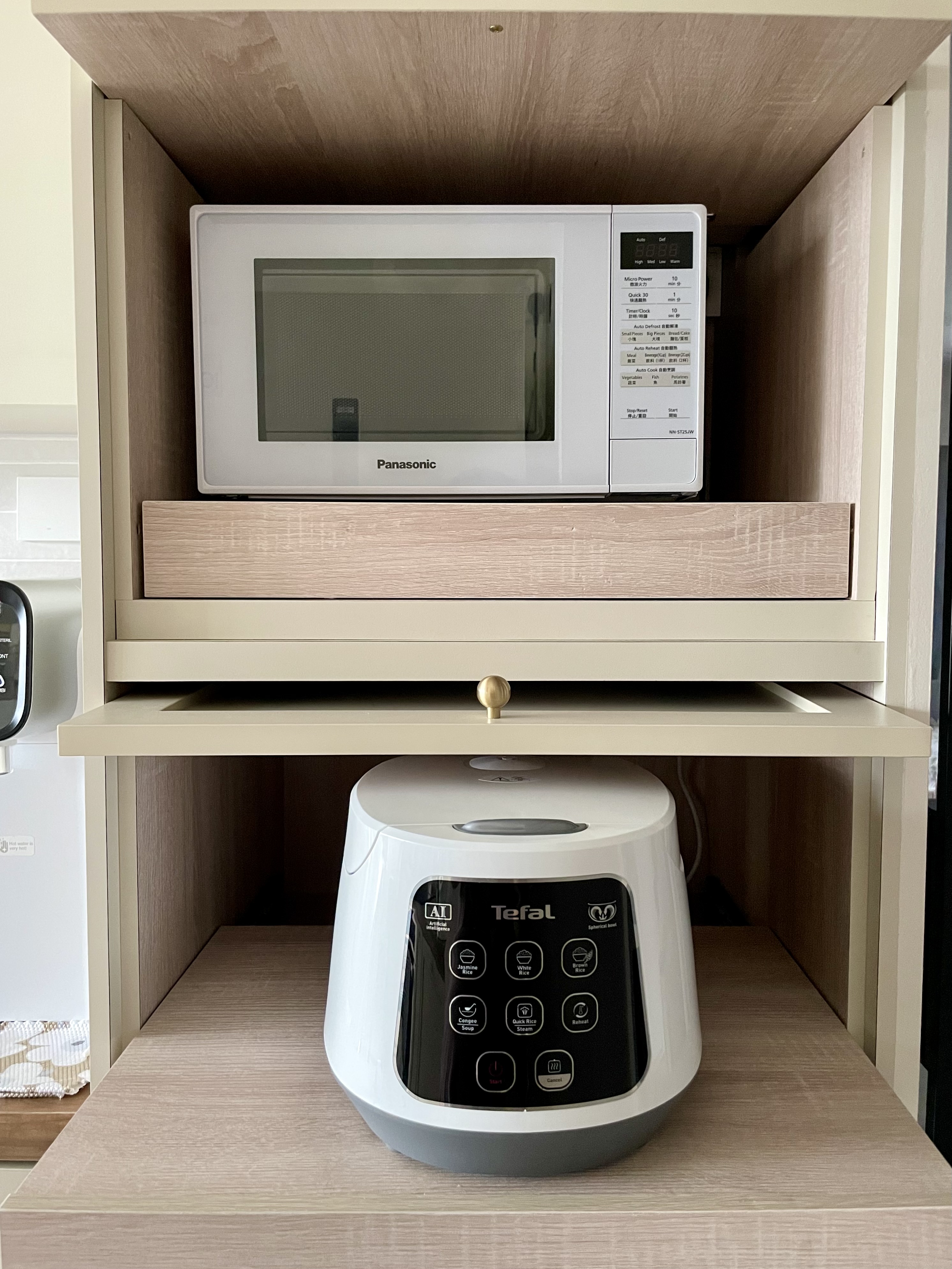 Dream Farmhouse Kitchen in small BTO - Microwave, Panasonic, white, modern design, built-in, small oven, rice cooker