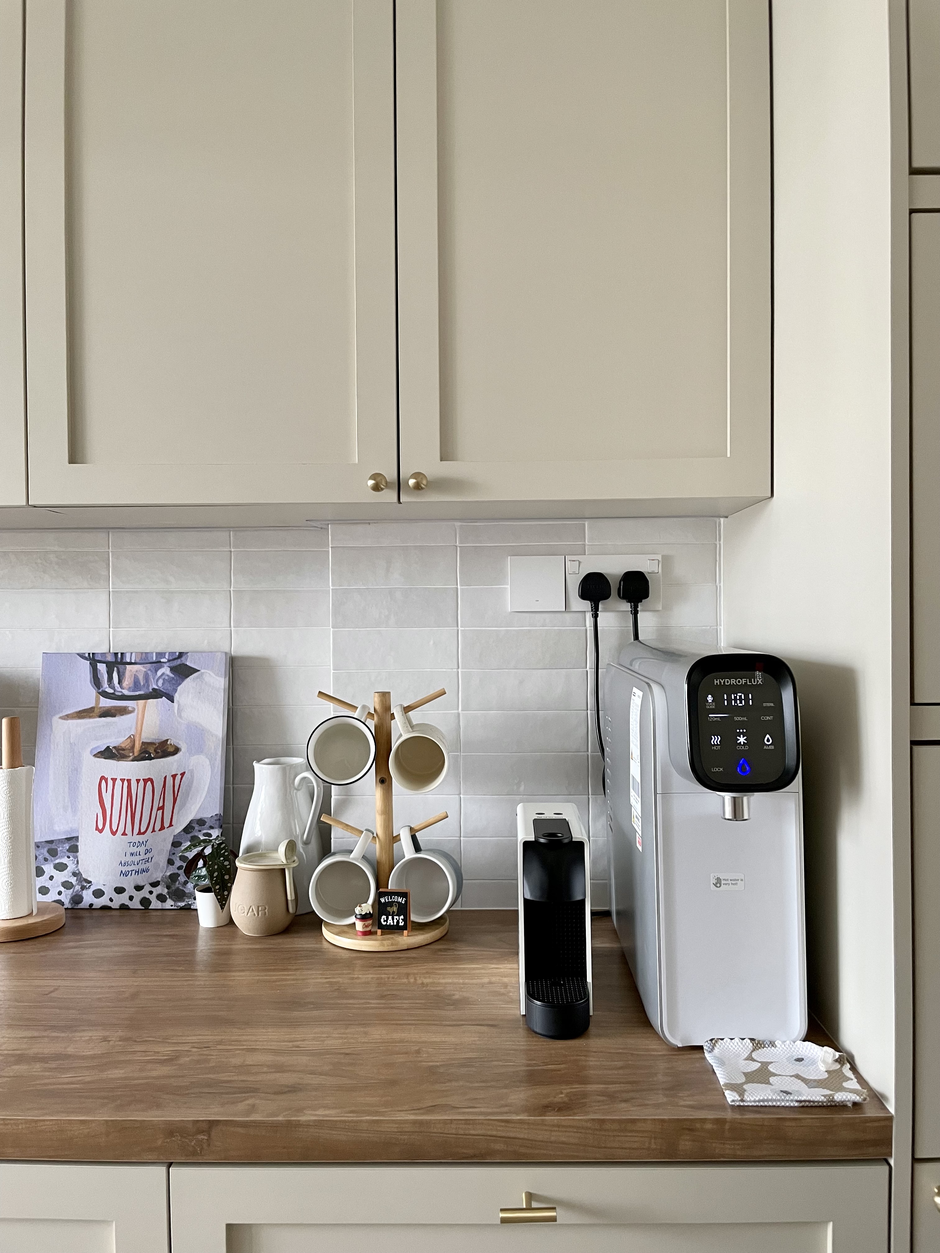 Dream Farmhouse Kitchen in small BTO - coffee machine, white kitchen counter, modern kitchen, minimalist design, coffee