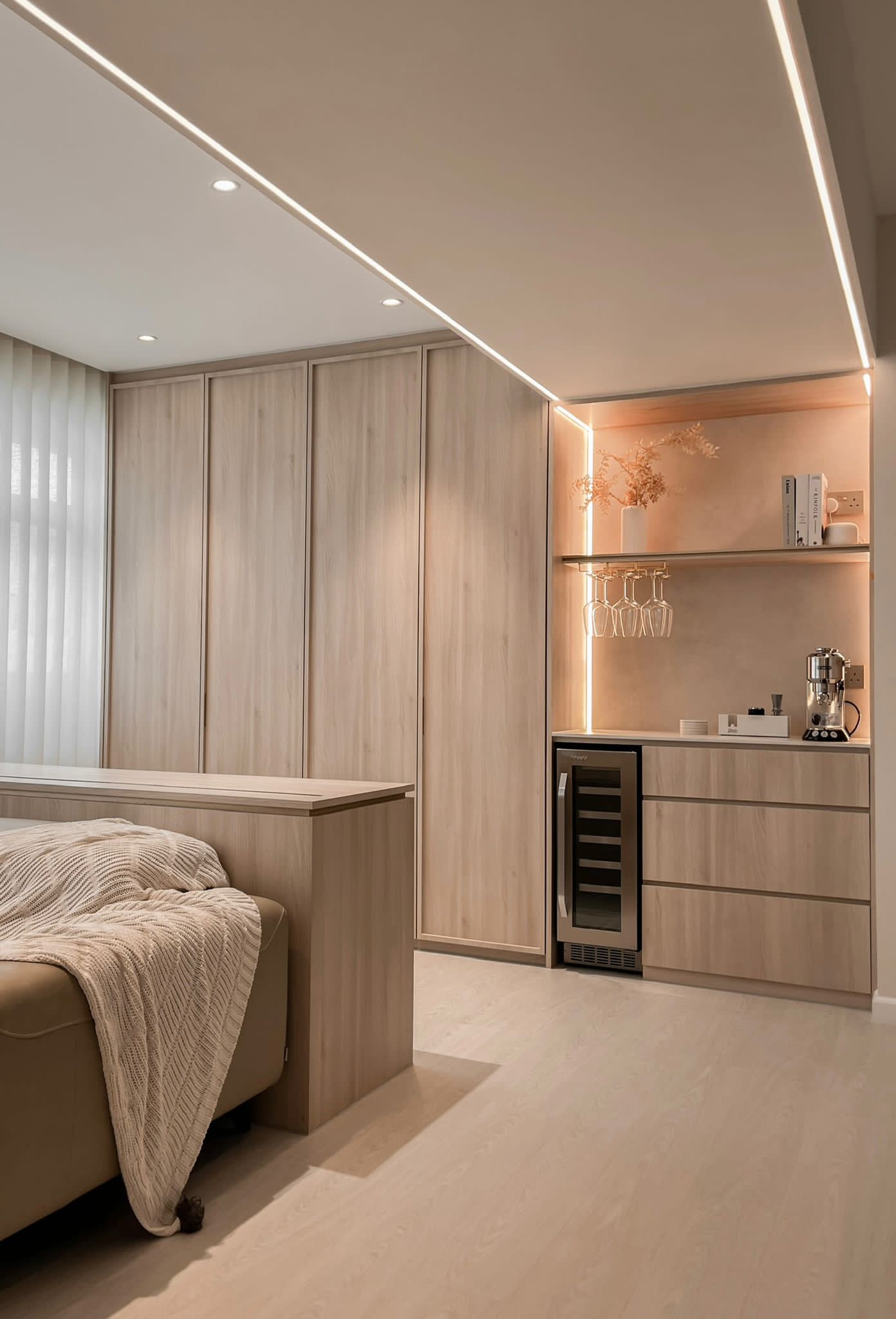 Study with the perfect zoom backdrop - Wooden cabinetry, modern design, minimalist decor, cozy atmosphere, soft lighting