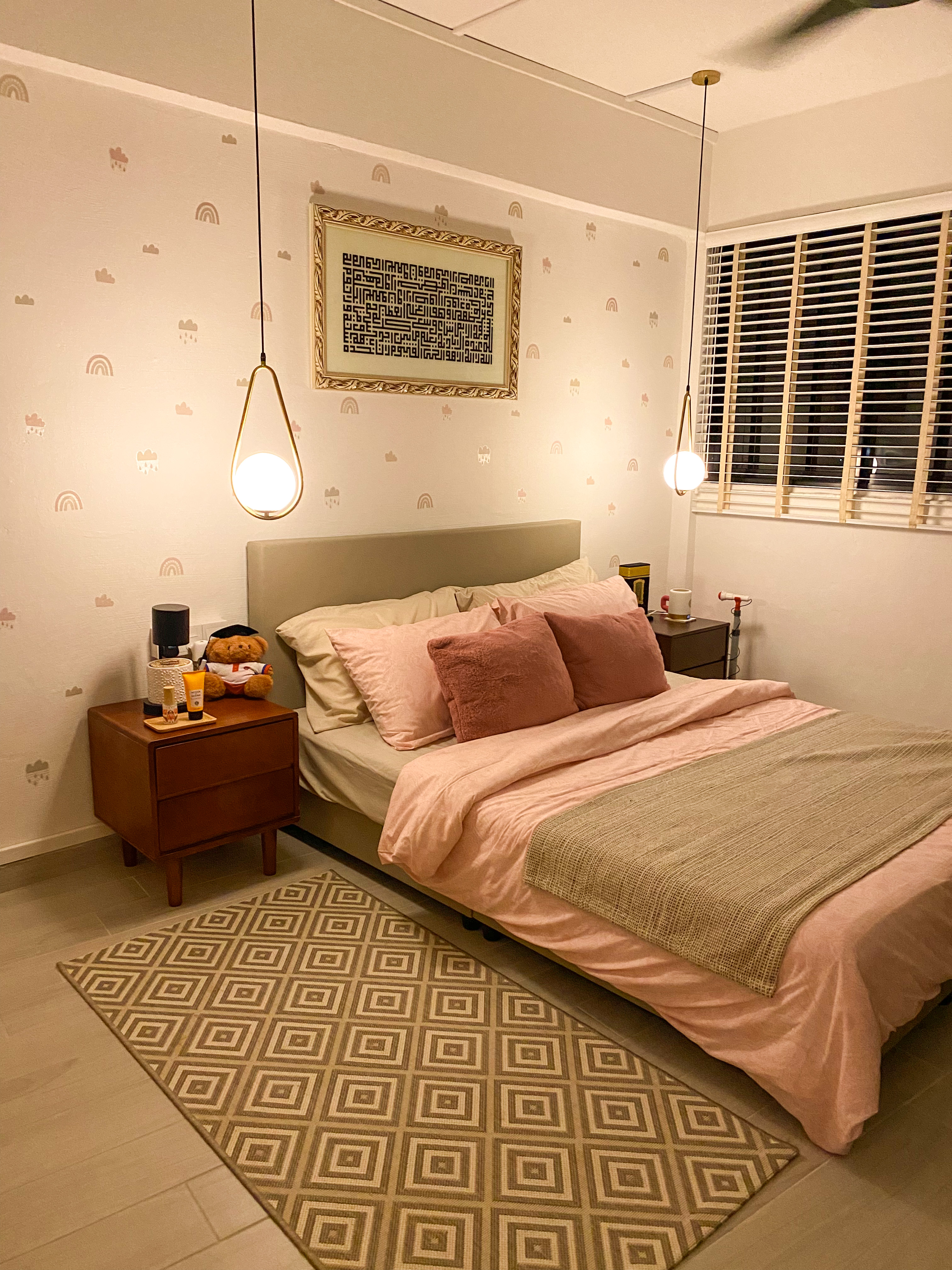 Day & Night of the new bedroom - Soft pastel pink bedding, beige throw blanket, wooden nightstands, hanging pendant lights
