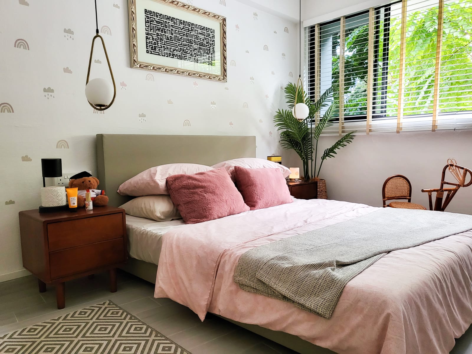 Day & Night of the new bedroom - Soft pastel pink bedding, fluffy pillows, wooden nightstands, minimalist decor, rainbow