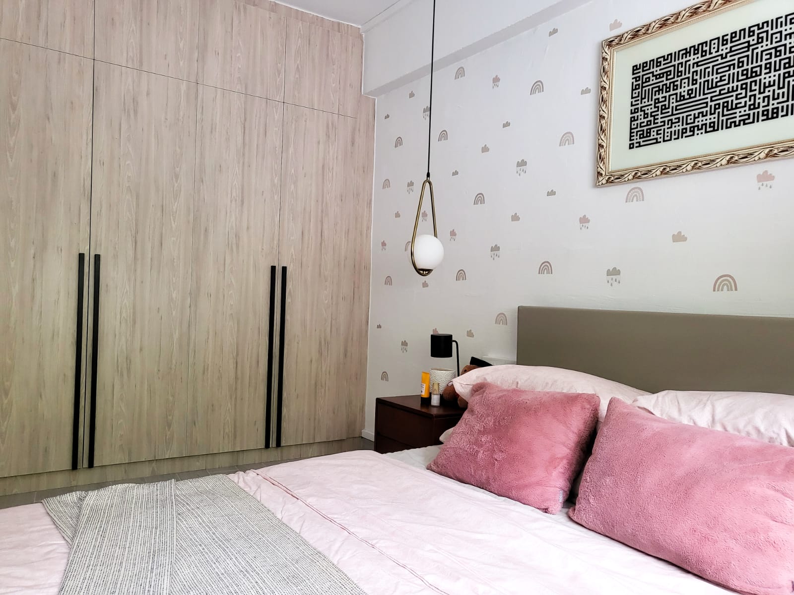 Day & Night of the new bedroom - Wooden wardrobe, light wood finish, vertical black handles, minimalist design, modern decor