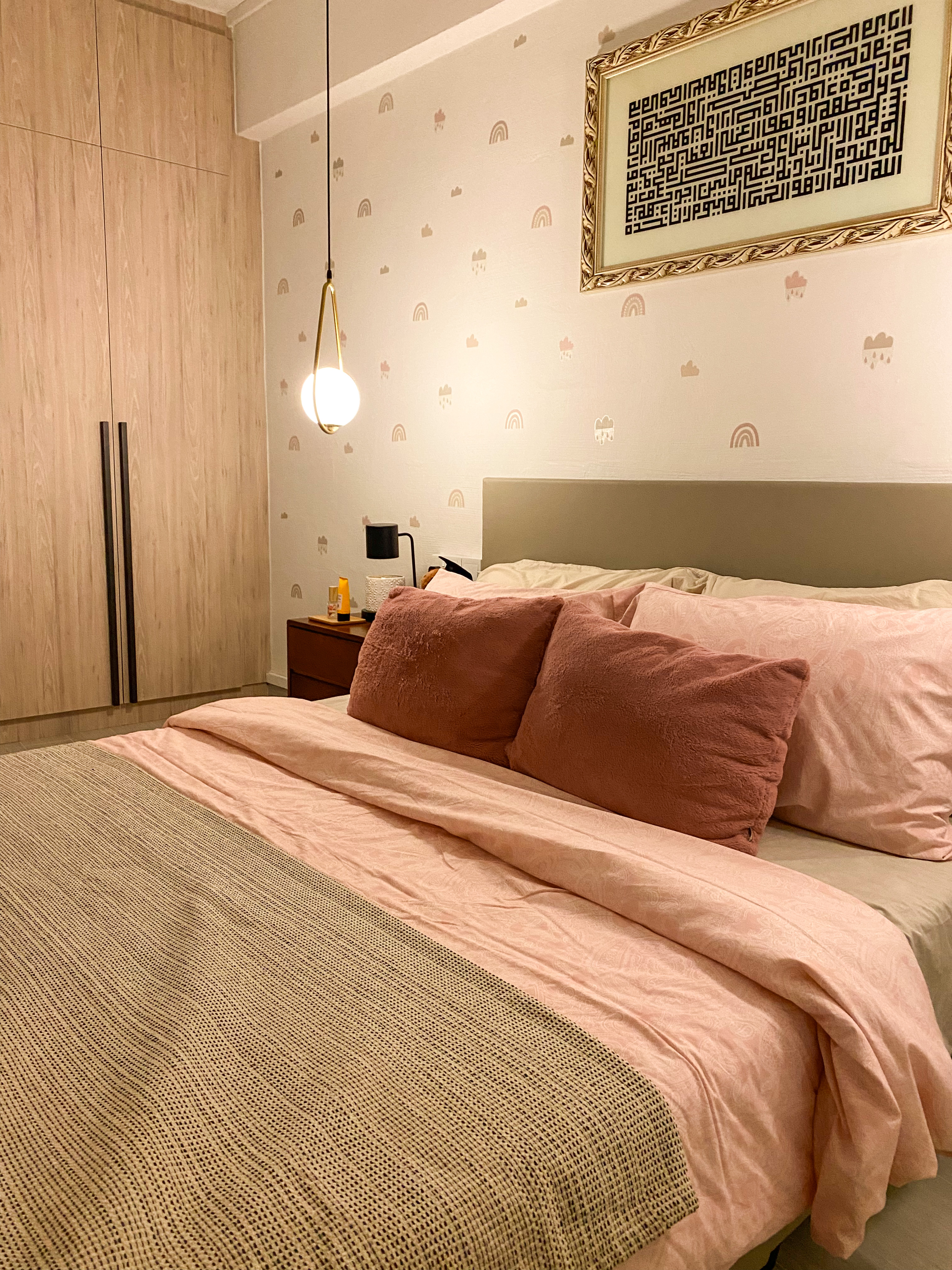 Day & Night of the new bedroom - Wooden wardrobe, pink bedding, beige blanket, brown pillows, hanging light, wooden