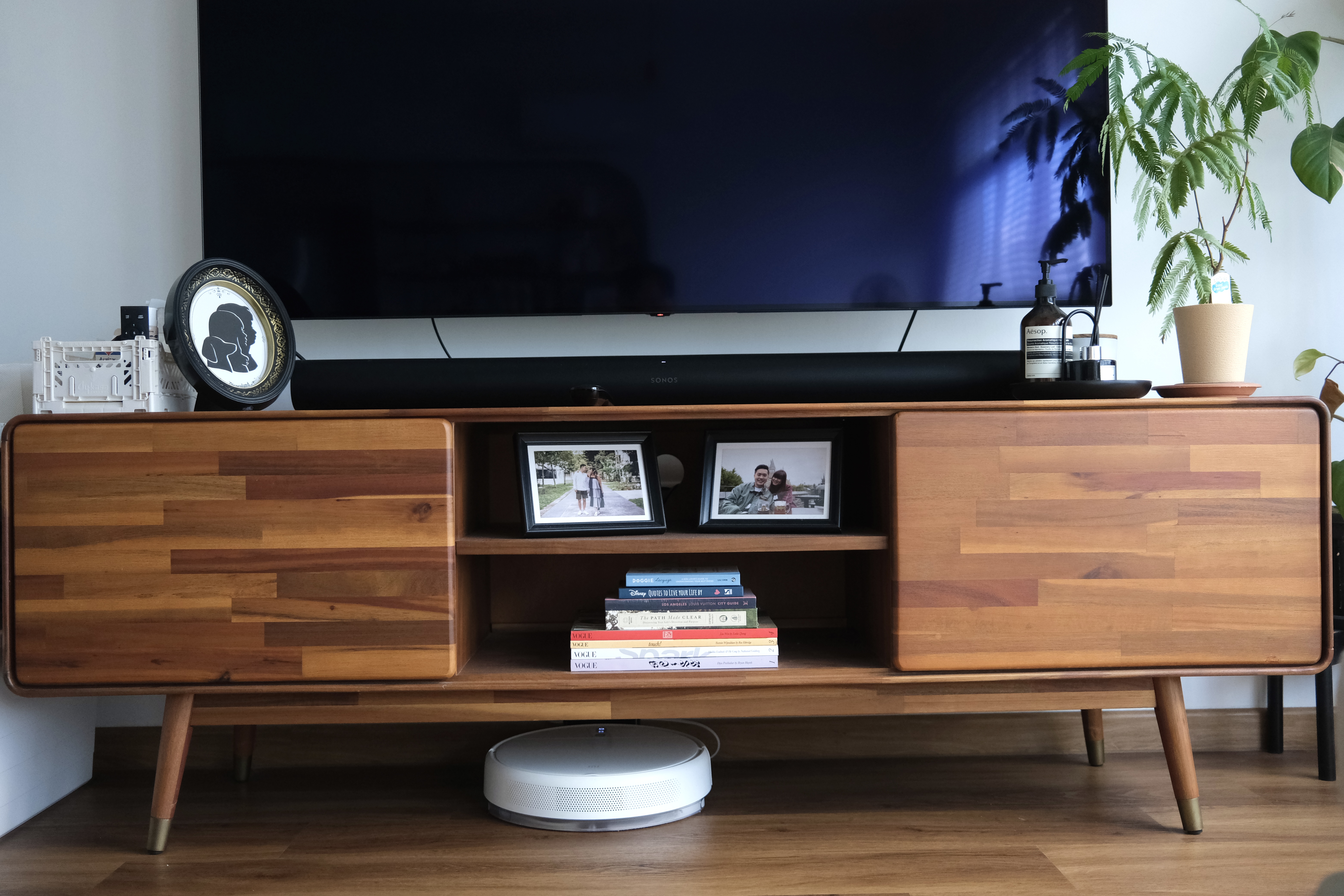 Our Living Room | Where we Netflix & Chill - Wooden TV stand, modern decor, black TV, framed photos, plant, robotic vacuum