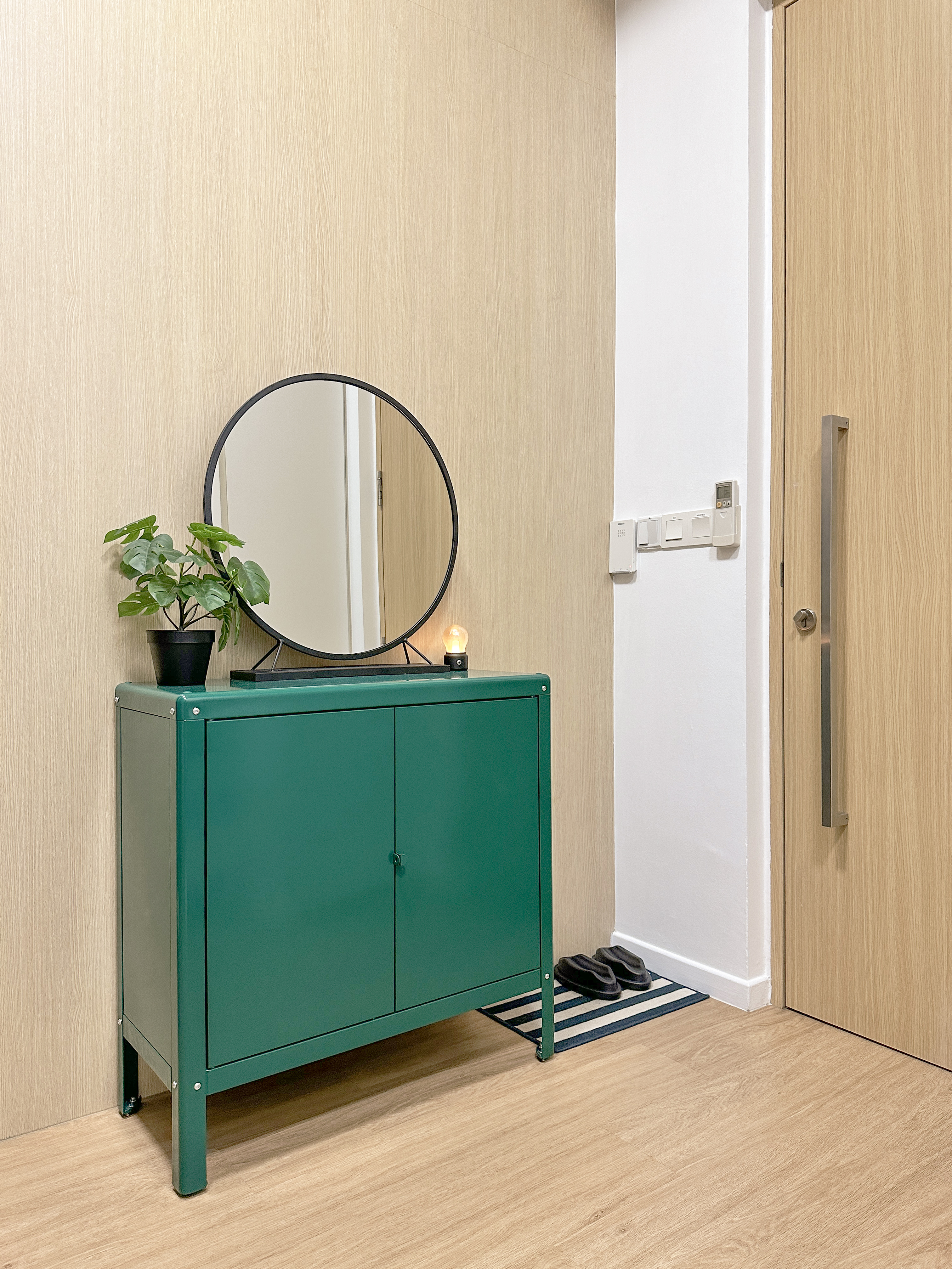 Our Happy Aesthetic Coffee Corner & Entryway - Green cabinet, wooden wall, round mirror, potted plant, modern decor