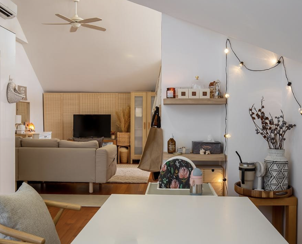 Californian Boho Style Attic Living - Modern living room with minimalist design, cozy seating area, neutral color palette