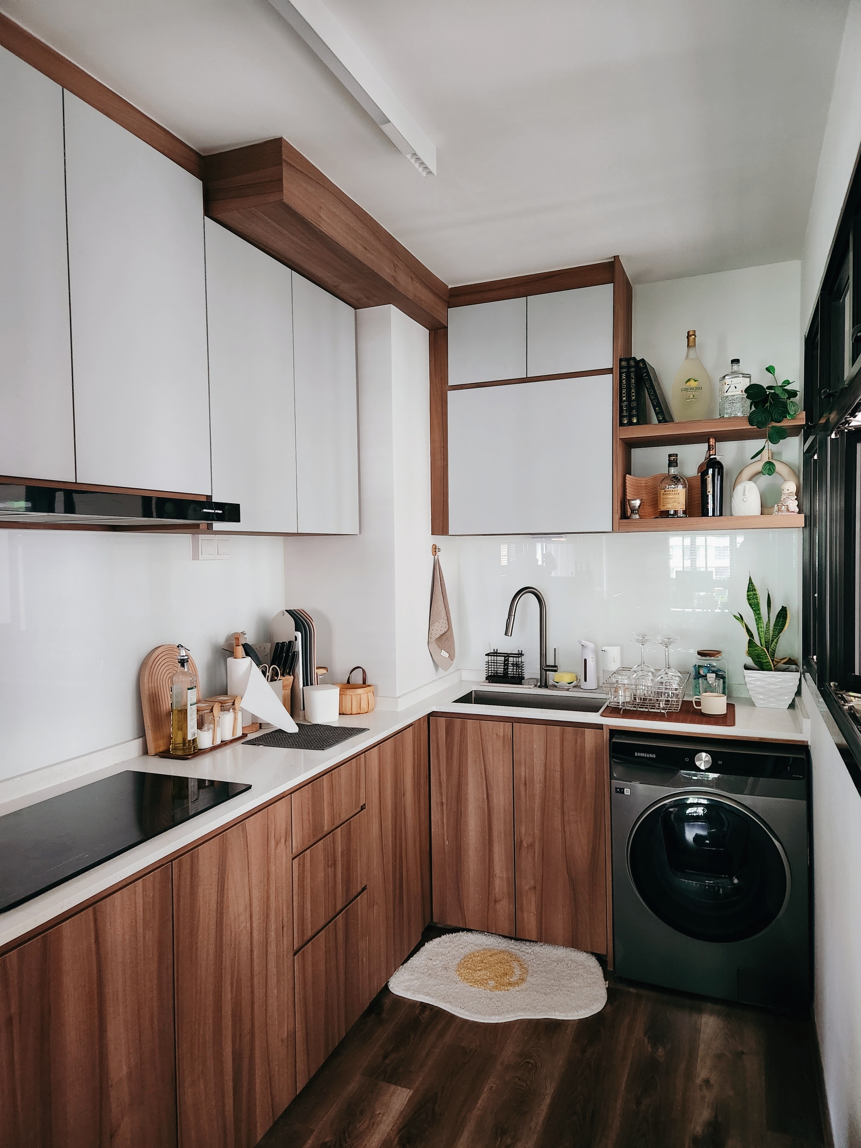 Open Concept Kitchen is the way to go - Wooden cabinets, modern kitchen, white countertops, stainless steel sink, black