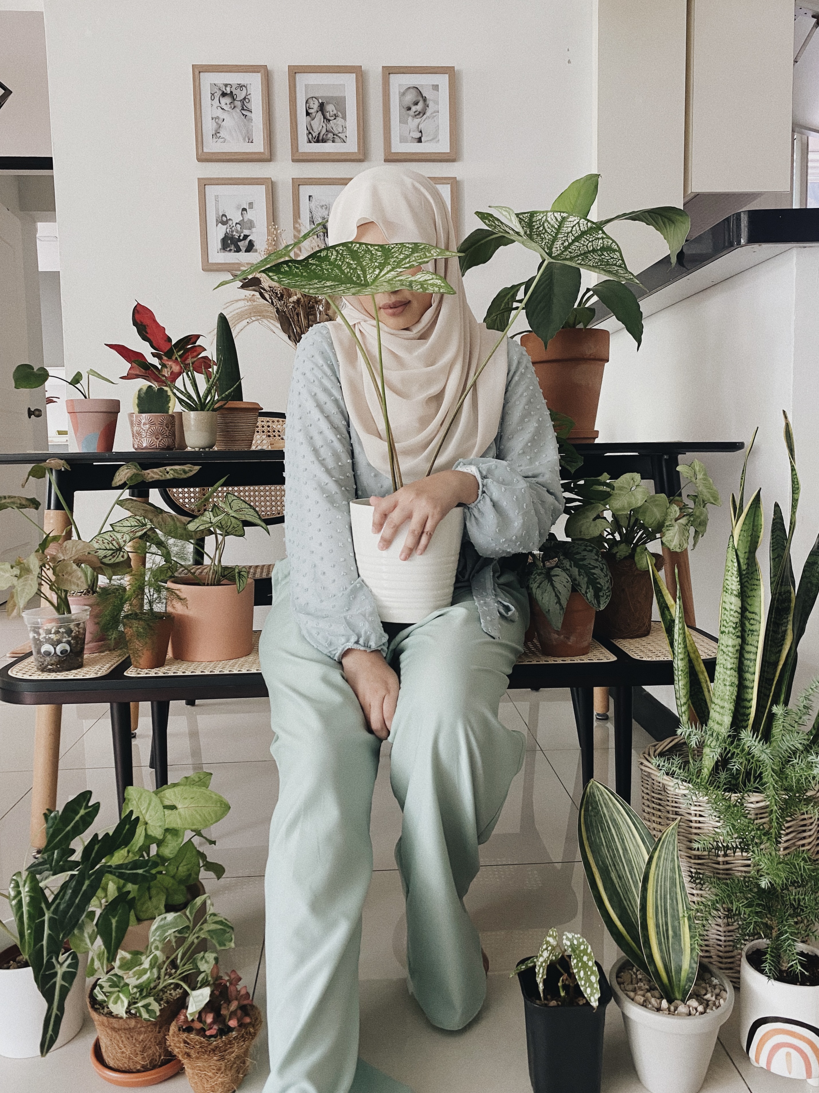 Home is where my plants are - Indoors, woman wearing hijab, sitting, surrounded by various potted plants, indoor plants