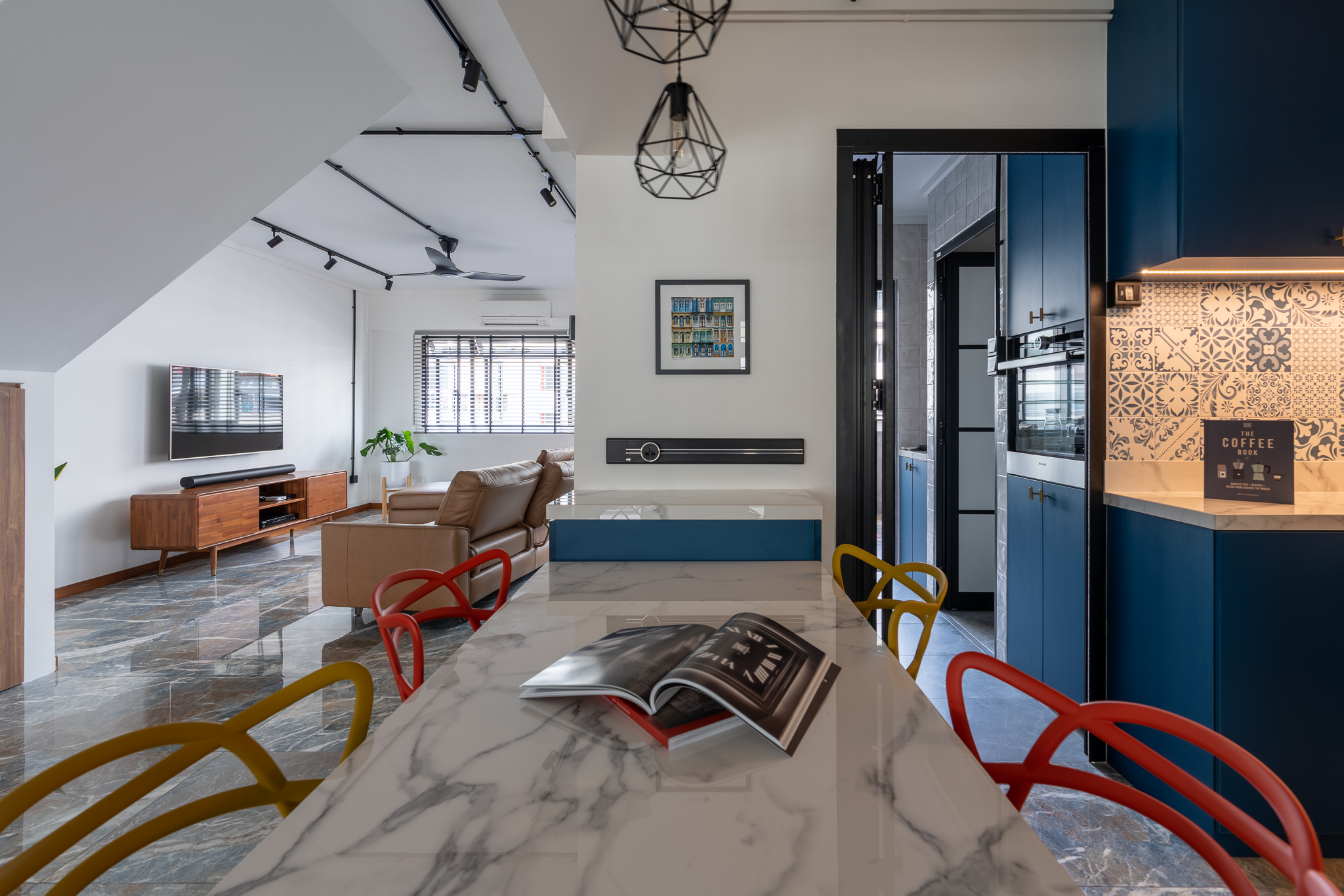 Designing a flexible dining setup - Modern living room with contemporary furniture, sleek design, stylish decor, marble