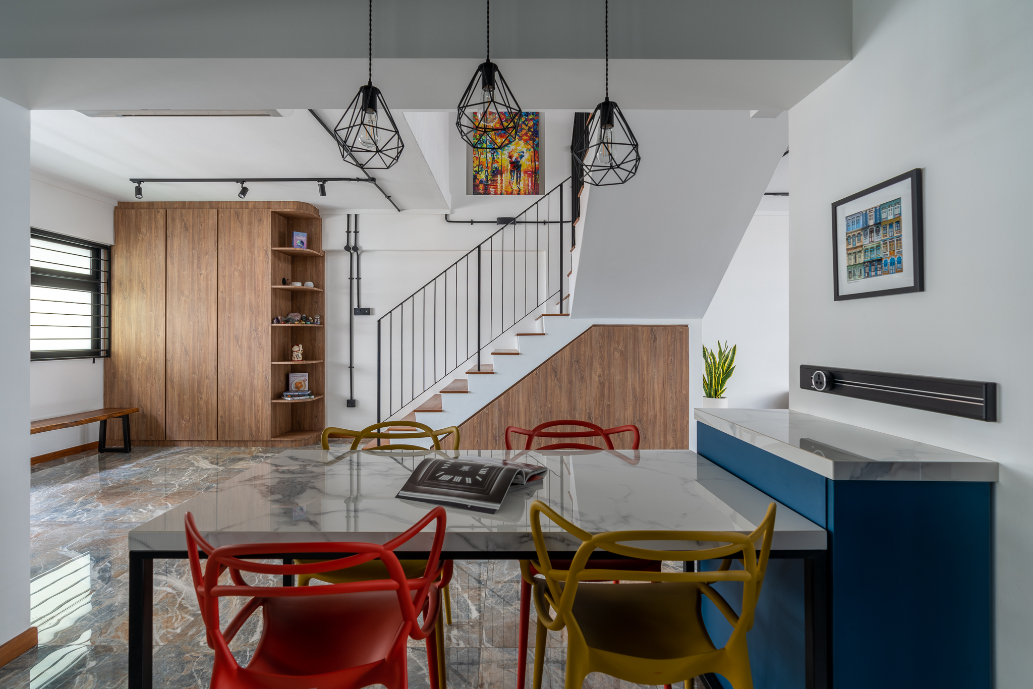 Designing a flexible dining setup - Modern minimalist interior, contemporary furniture, marble dining table, colorful chairs