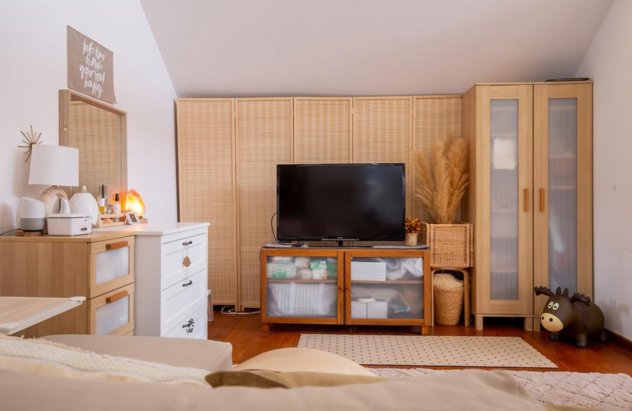 Living Room Makeover under $300 - Wooden cabinet, bamboo wall panel, modern decor, cozy living room, minimalist design, soft