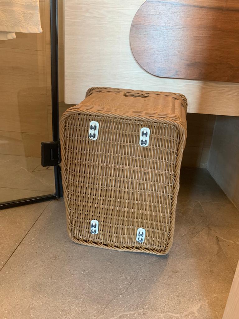 Japanese Inspired Interior | Bathrooms as a space to relax - Woven wicker basket, beige color, sturdy structure, four metal