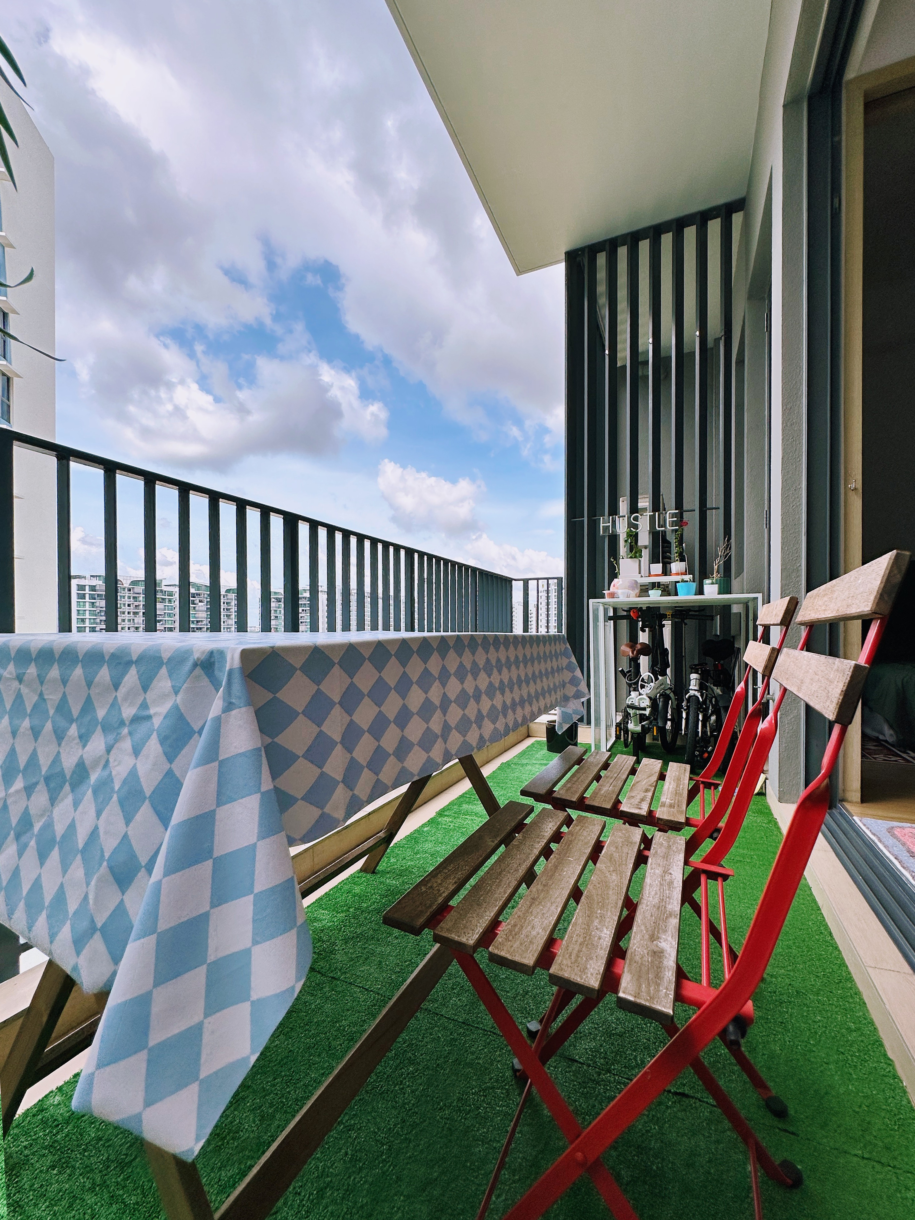 Our Little Garden & Extended Dining Space With Beautiful Sky View - Balcony with table and chairs, blue and white checkered