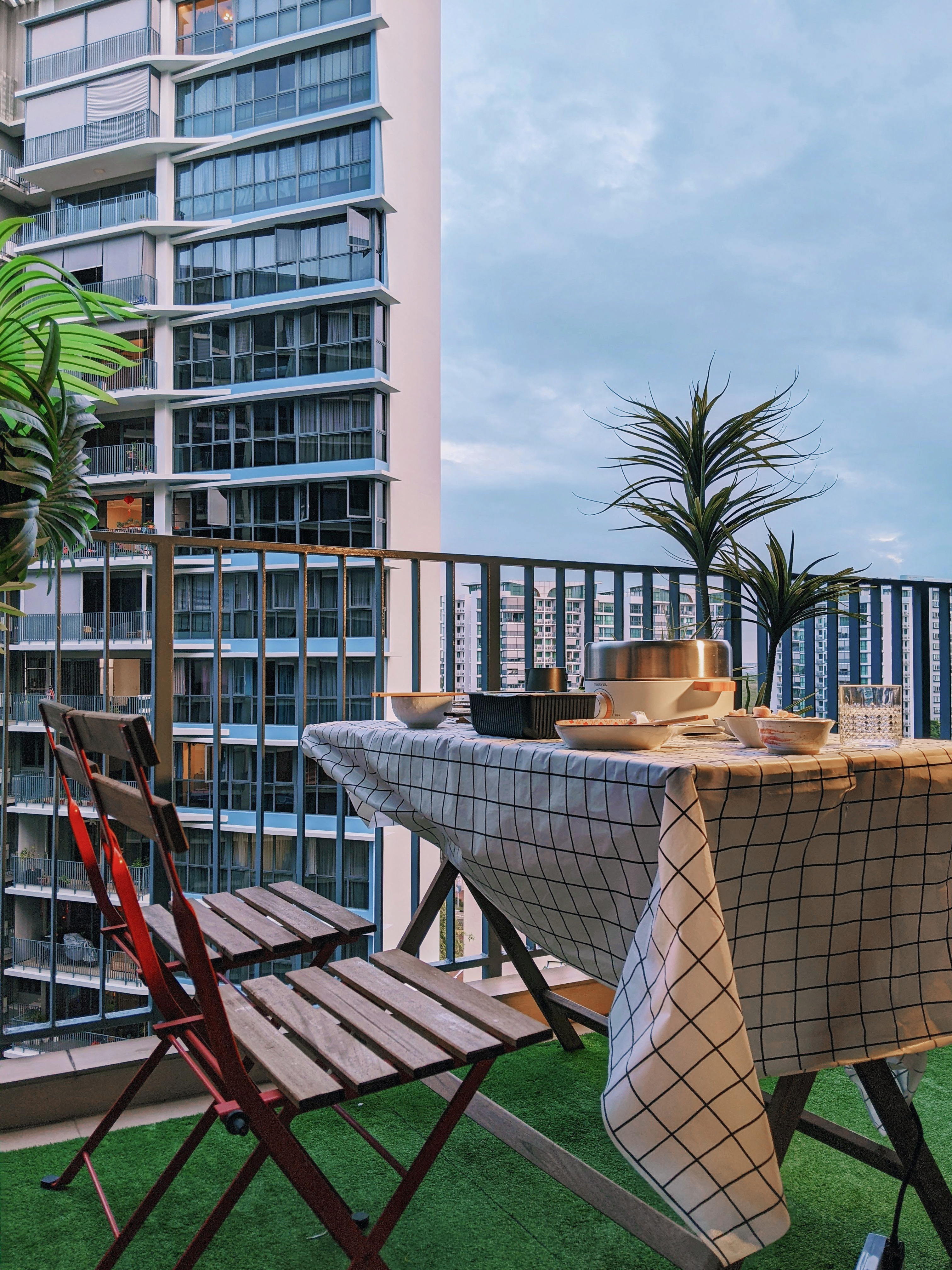 Our Little Garden & Extended Dining Space With Beautiful Sky View - Modern apartment building, balcony view, dining table