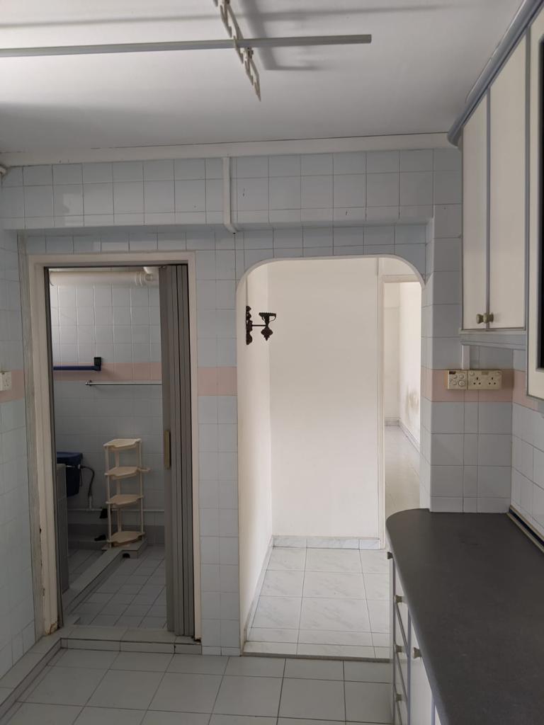 Transforming our kitchen with cozy cafe vibes - Clean, tiled bathroom with white walls and light blue accents, Open doorway