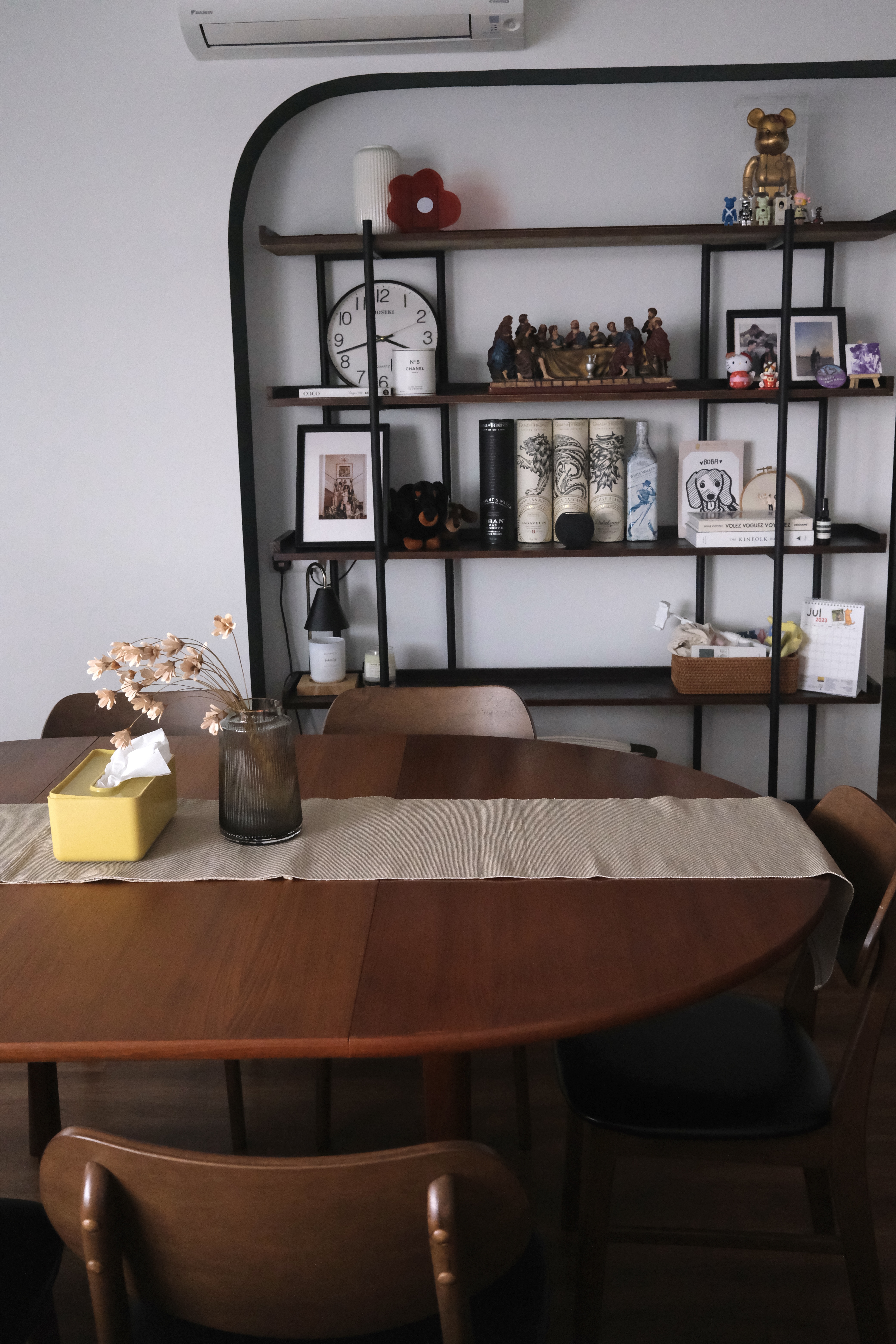 Dining Area | Where we work and relax  - Wooden dining table, beige tablecloth, wooden chairs, black chairs, modern decor