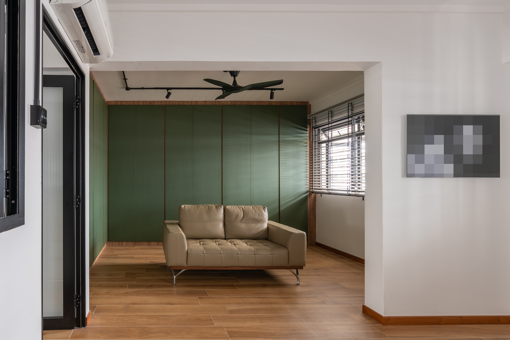 When 2 Becomes 1… Bedroom - Modern minimalist living room, contemporary furniture, beige leather sofa, wooden floor, green