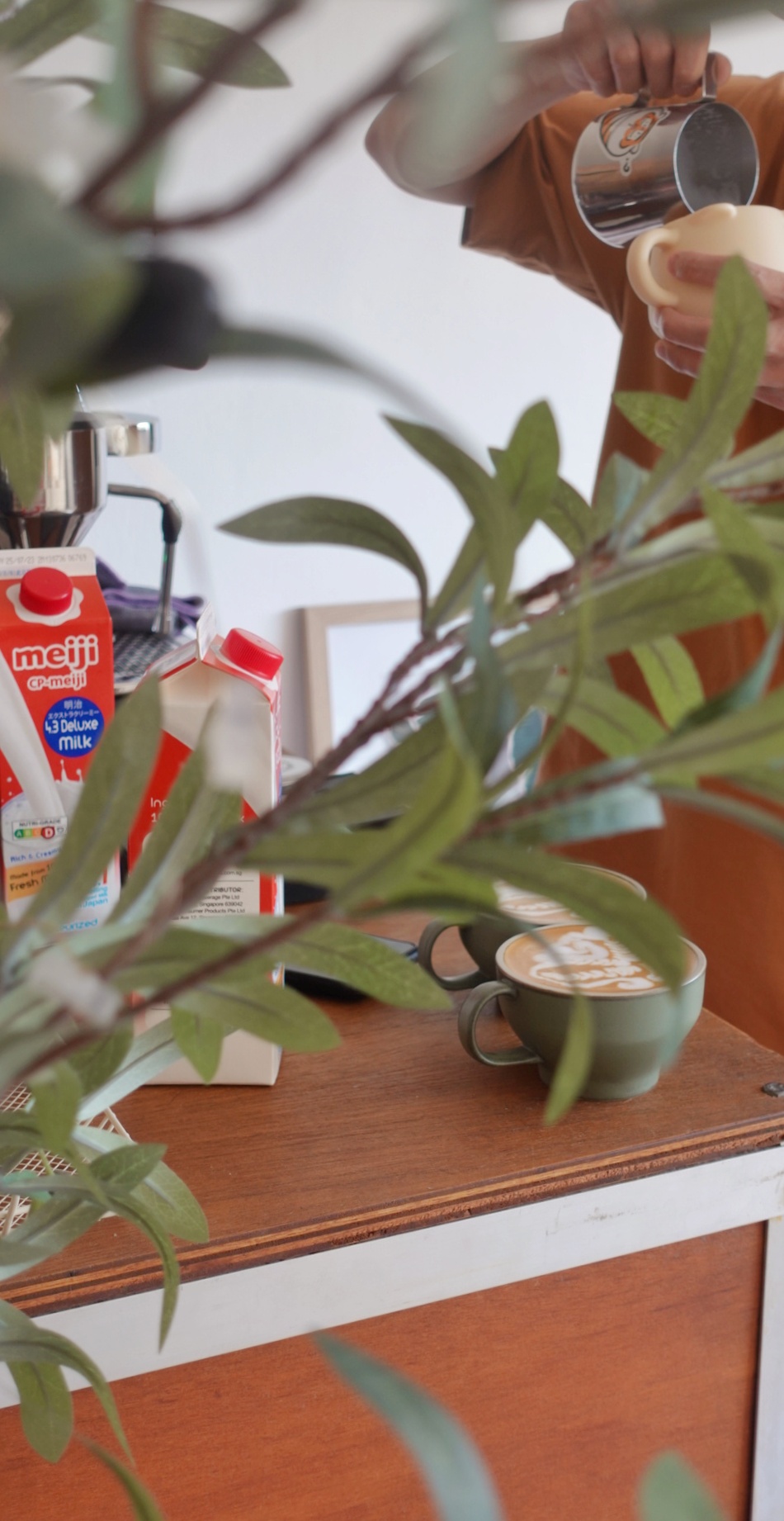 Functional By Day And Cozy nest At Night - milk, coffee, tea, fresh, latte art, green mug, coffee machine, plant, coffee