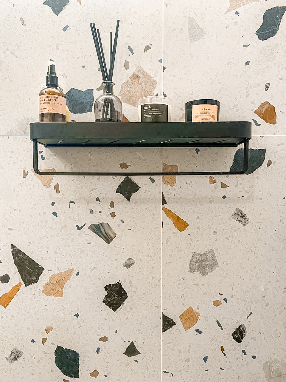 Build Your Own Toilet  - Bathroom shelf, modern design, textured tiles, black metal frame, scented candles, lavender