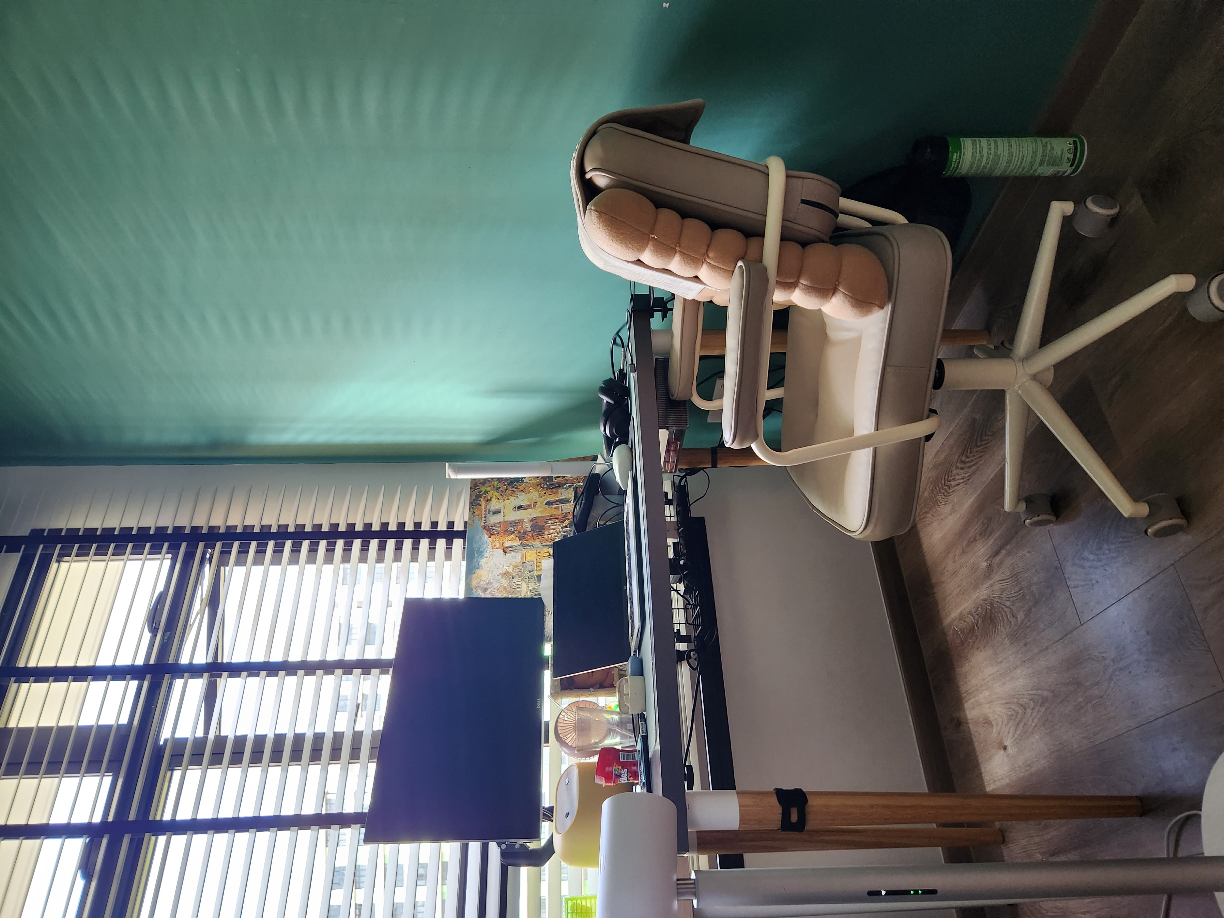 Take a peek behind our curved wall 👀 - Green ceiling, beige office chair, wooden floor, blinds partially open, black