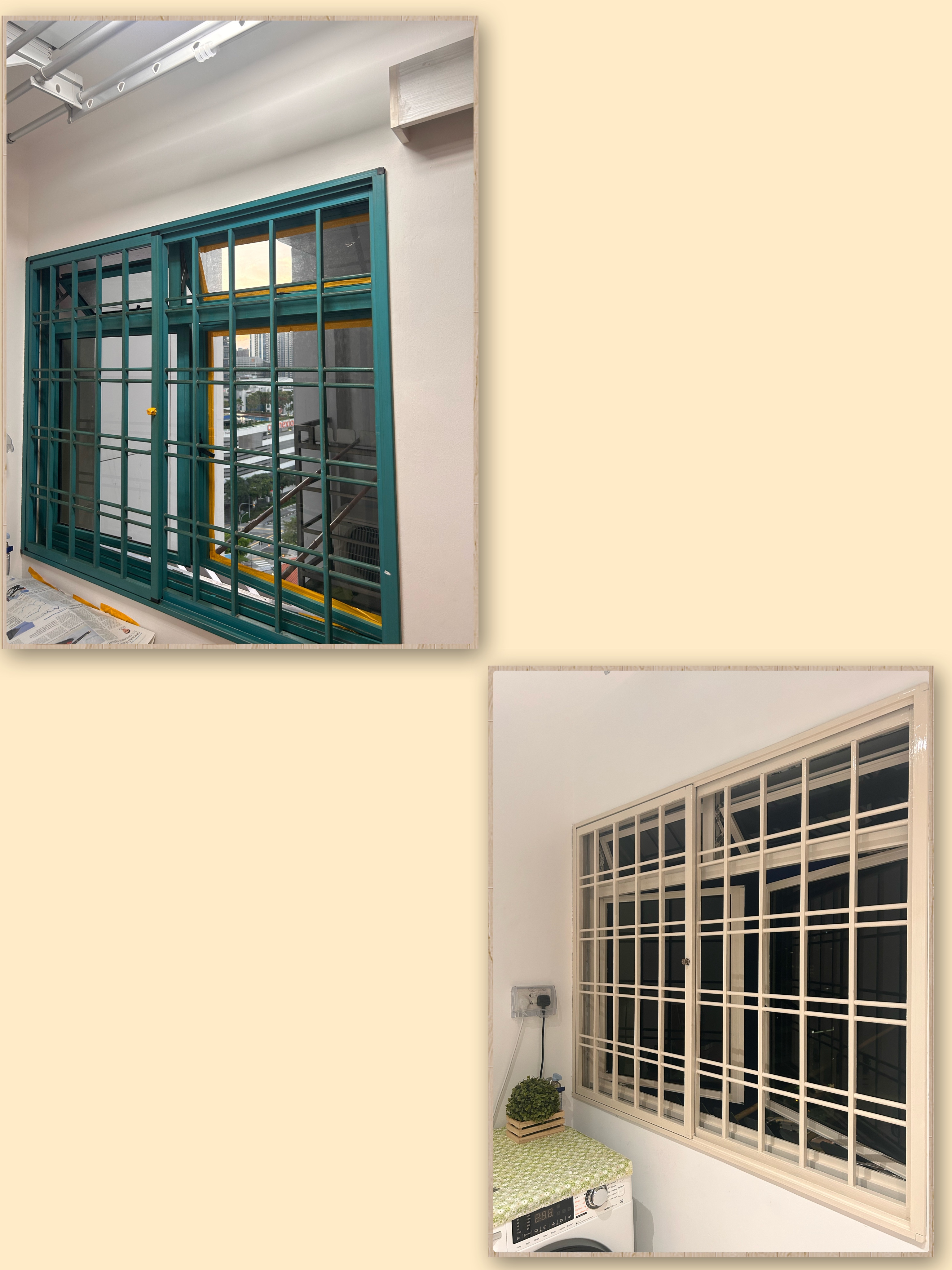 Diyhacks Window/Window Grille transformation through painting 🤎  - Green-framed window with metal bars, indoor setting
