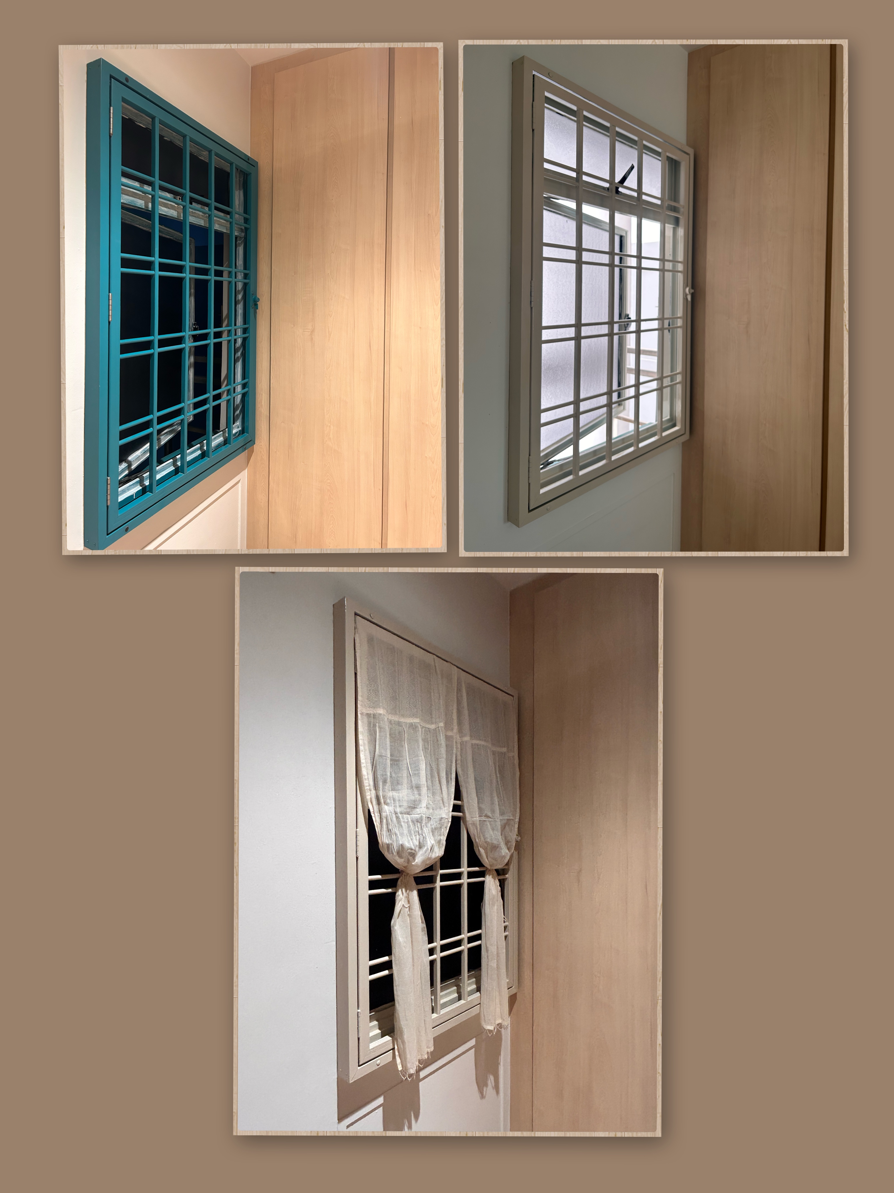 Diyhacks Window/Window Grille transformation through painting 🤎  - Teal-framed window with grid pattern, beige wooden door