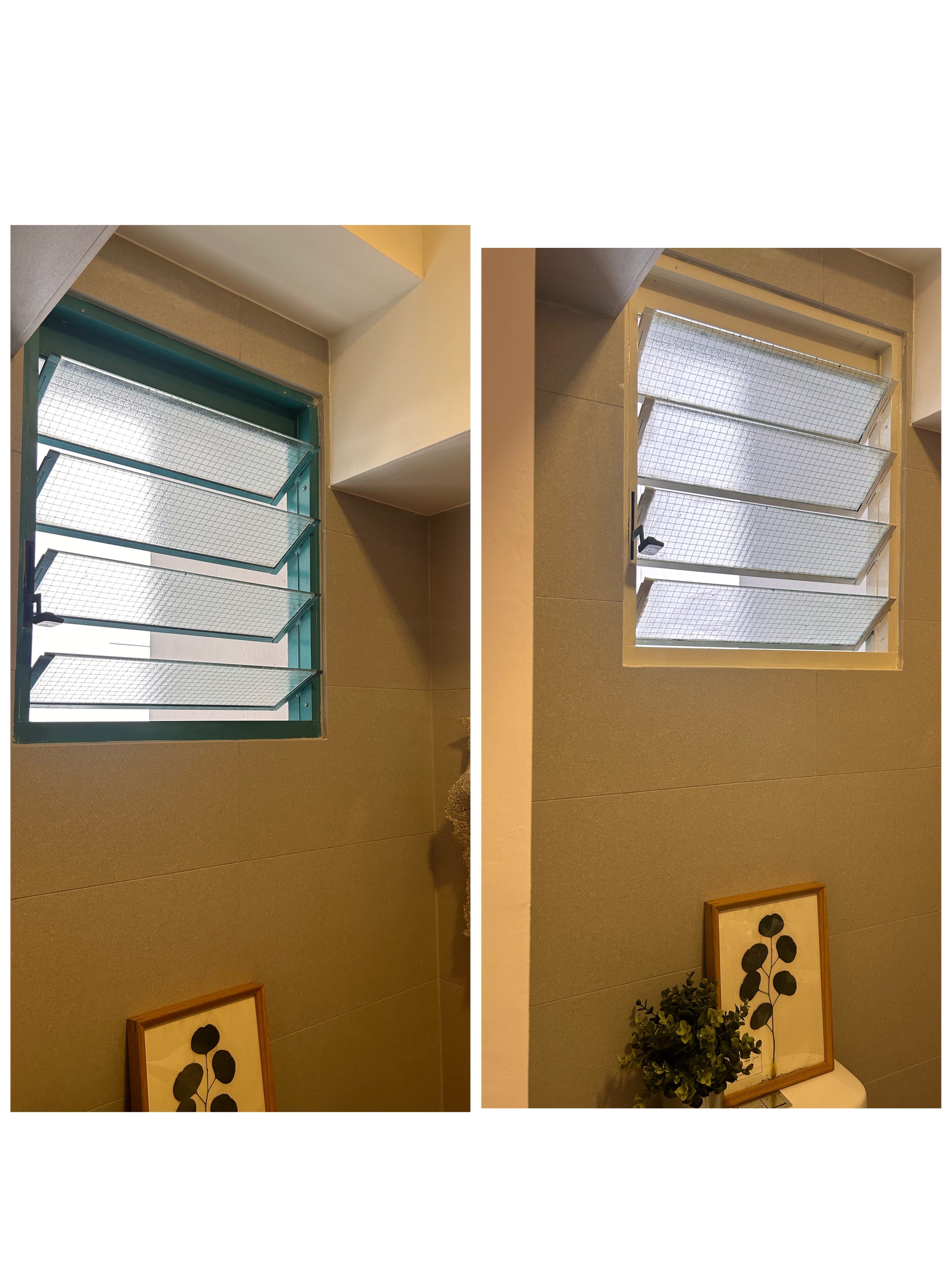 Diyhacks Window/Window Grille transformation through painting 🤎  - Glass window with frosted pattern, beige wall, indoor