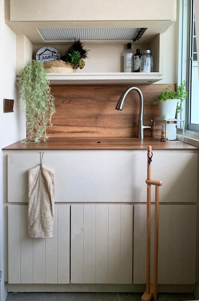 Japanese Inspired Interior | No more boring yard area - Wooden kitchen countertop, white cabinets, hanging towel, stainless