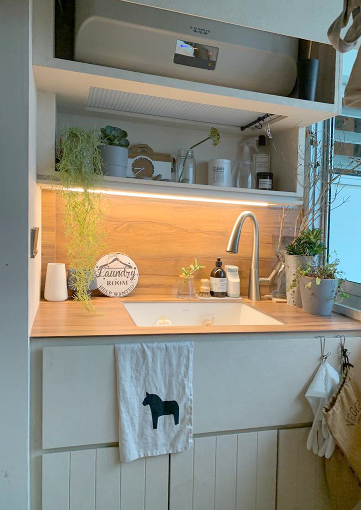 Japanese Inspired Interior | No more boring yard area - Wooden countertop, modern kitchen, under-cabinet lighting, white