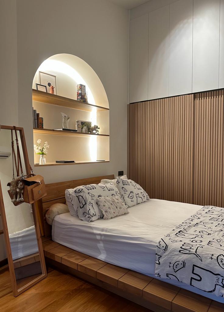 Calming bedroom vibes for Gen Z - Wooden-framed mirror, minimalist design, cozy bedroom, modern decor, soft lighting, white