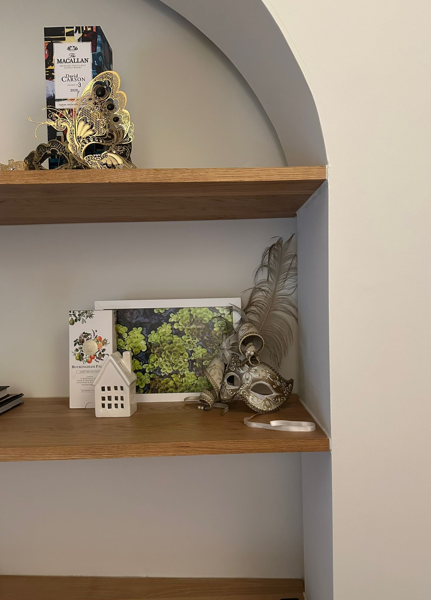 Calming bedroom vibes for Gen Z - Macallan whisky, David Carson scotch, ornate gold box, elegant mask, vintage art, botanical