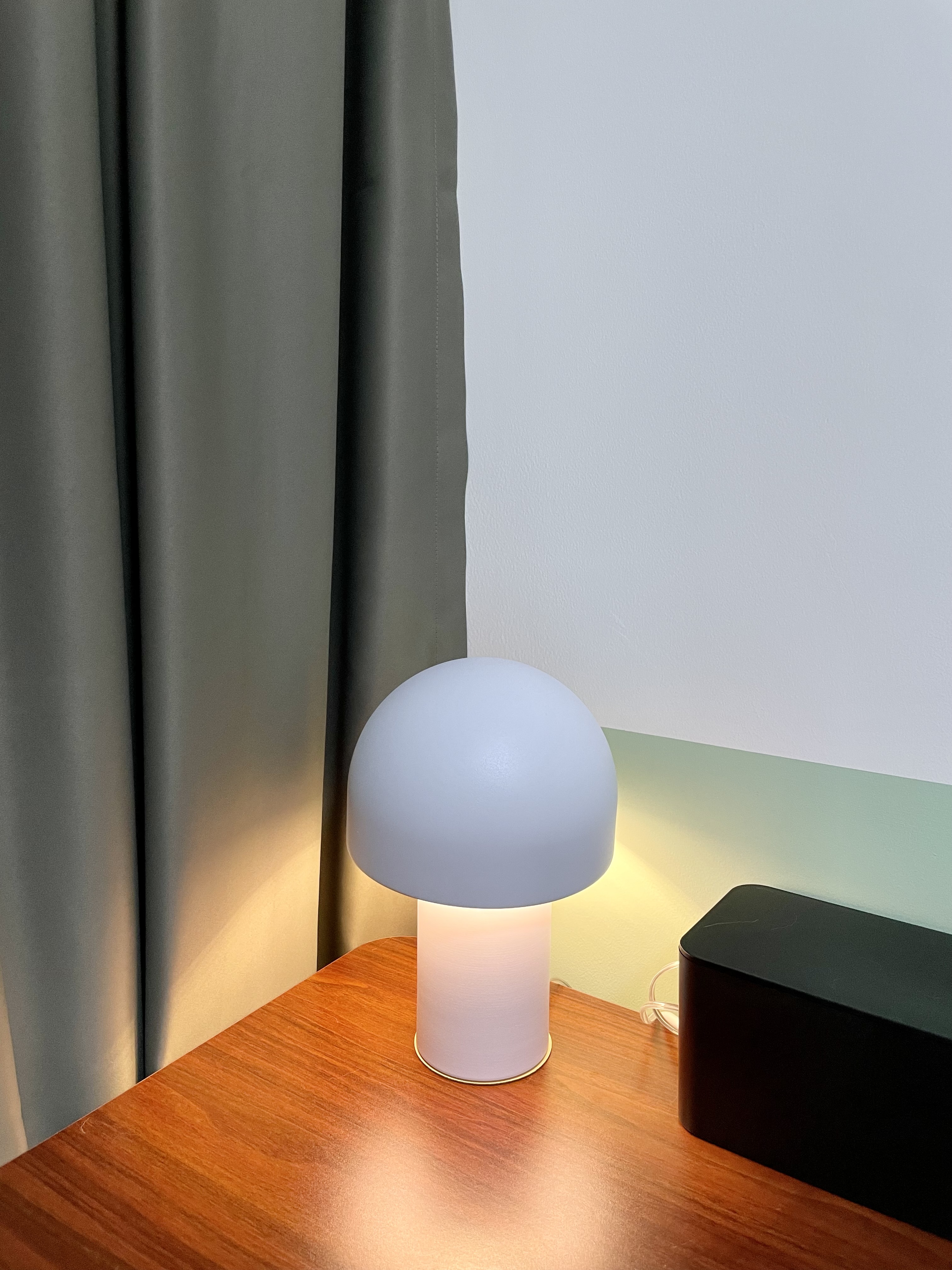 Multipurpose Room - Study + Cat Room - Modern minimalist lamp with soft glow, round white shade, sleek design, ambient