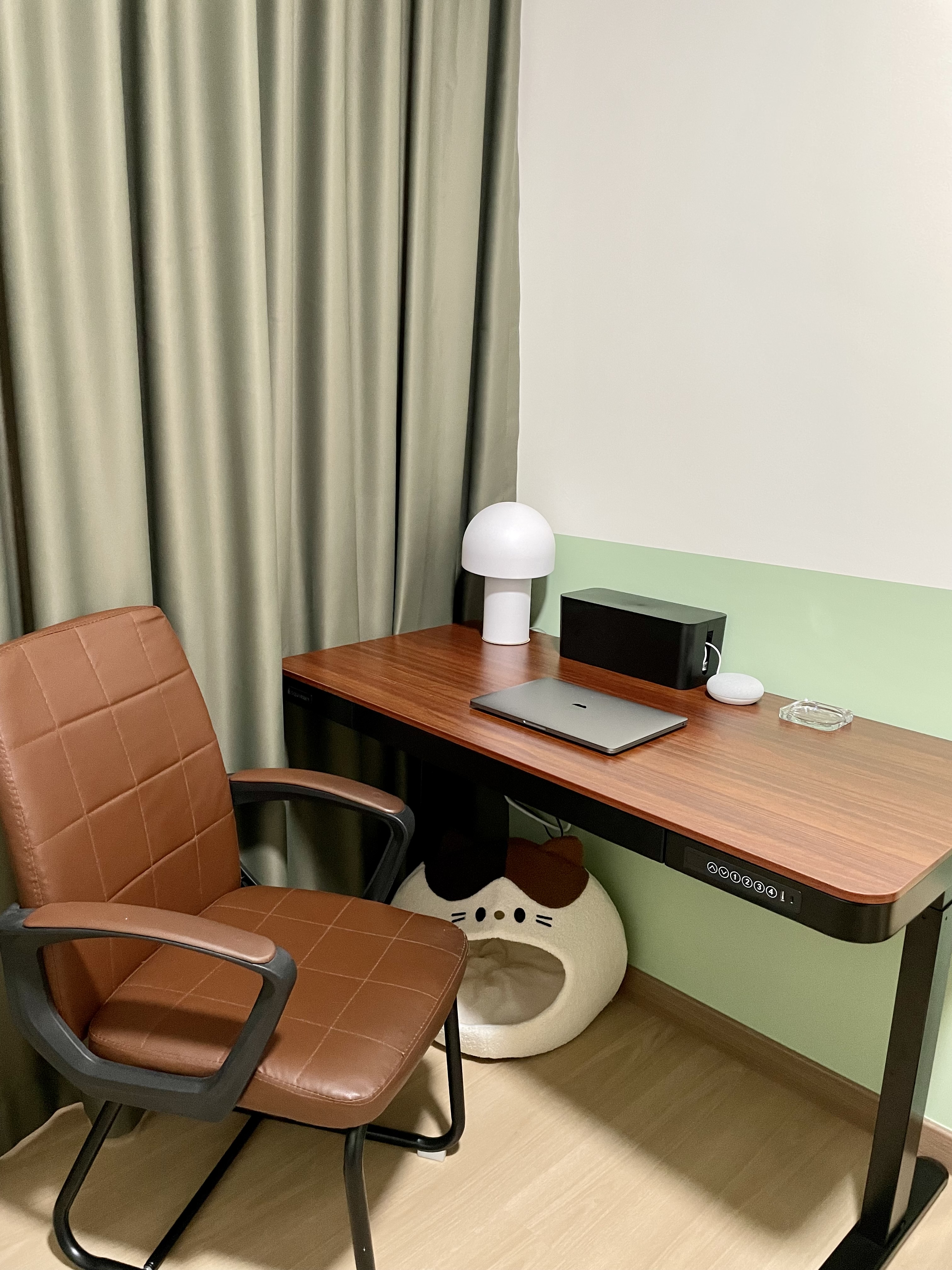 Multipurpose Room - Study + Cat Room - Wooden desk, brown leather chair, minimalist design, modern workspace, sleek laptop