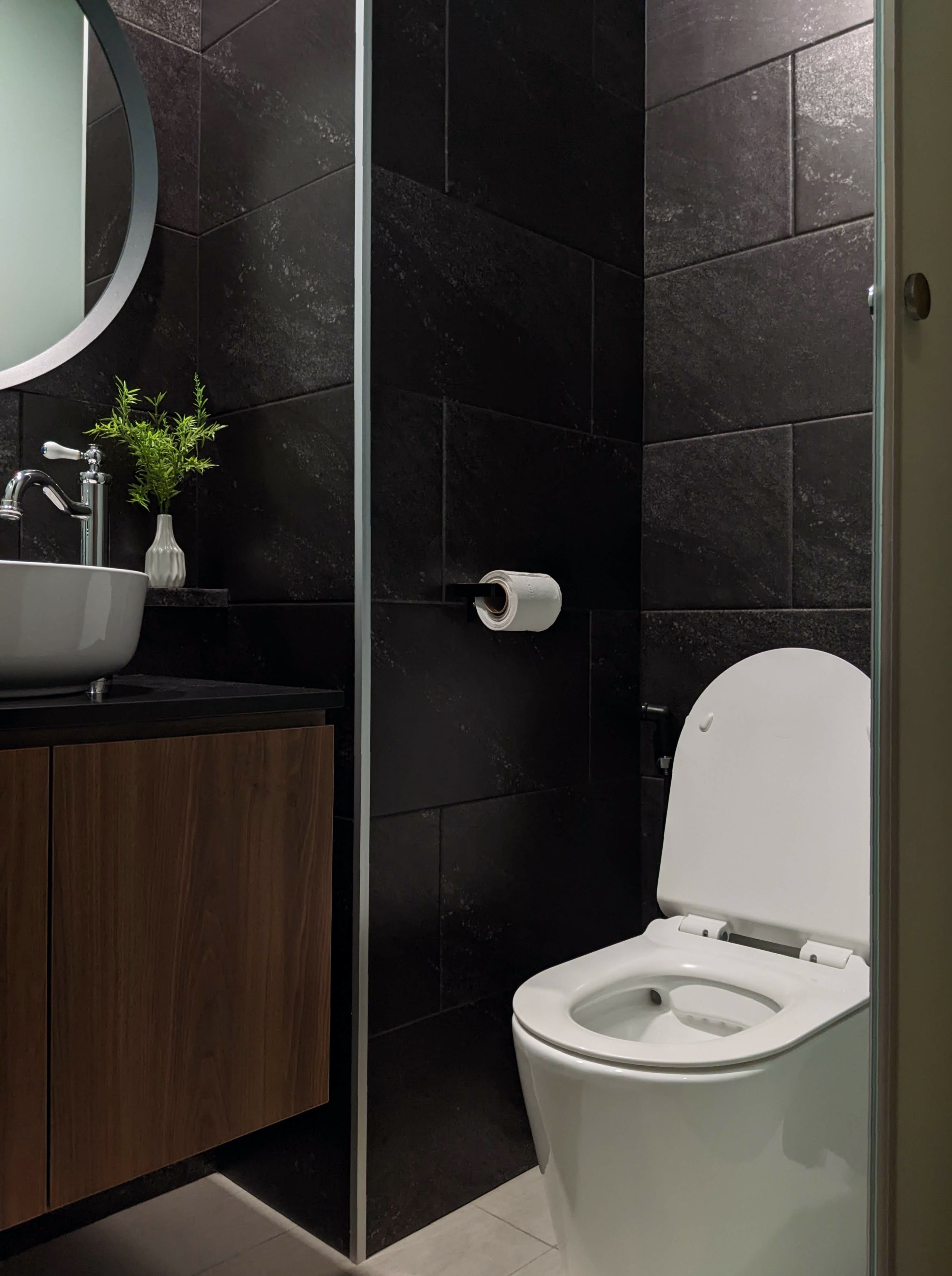 The Only Dark Spot In Our Home, Solitary Thinking Pod (Costs Included) - Modern bathroom with sleek design, dark tiled walls