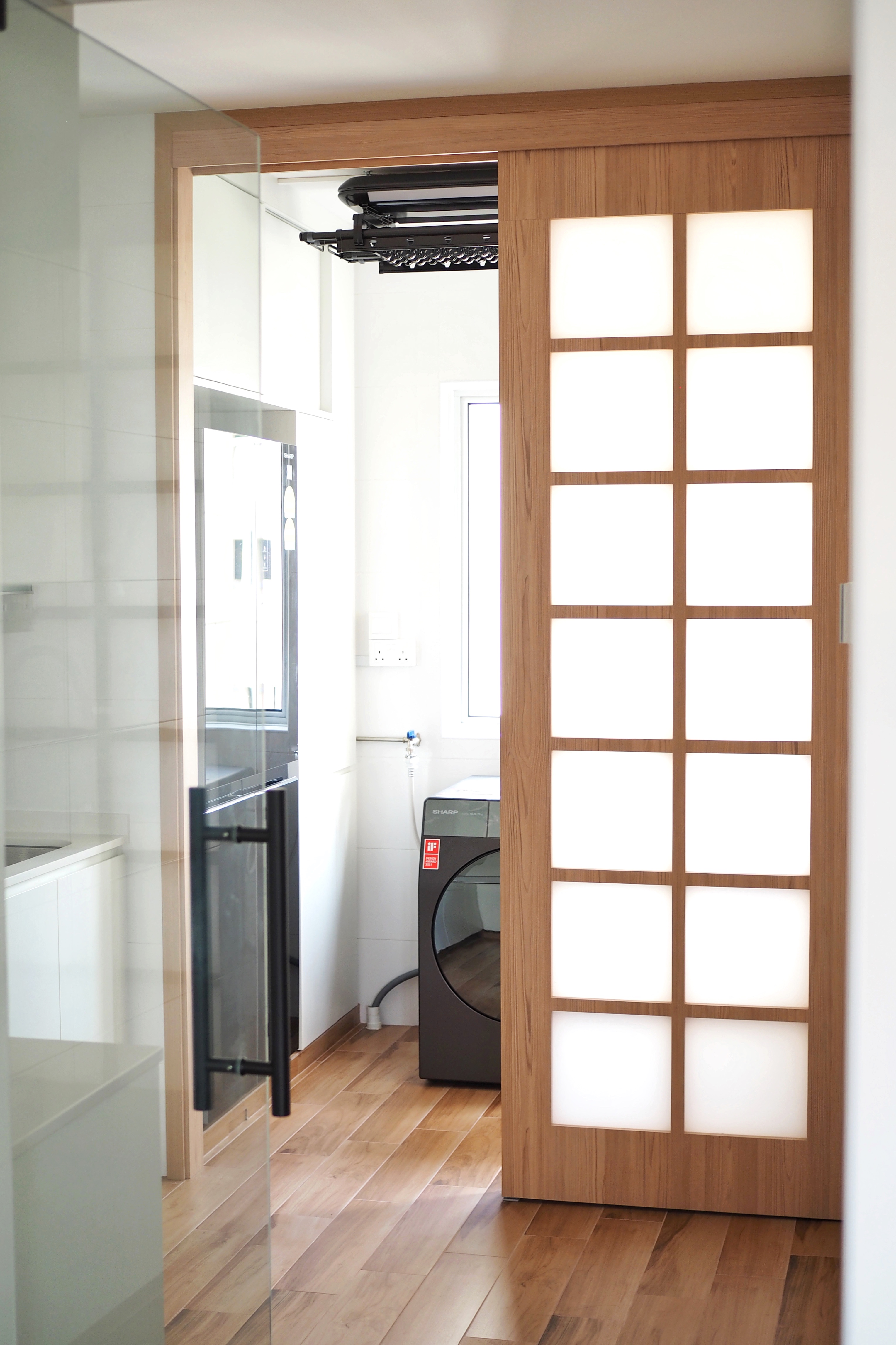 We Created A Service Yard! - Wooden door with frosted glass panels, modern kitchen appliances, glass partition, wooden wall