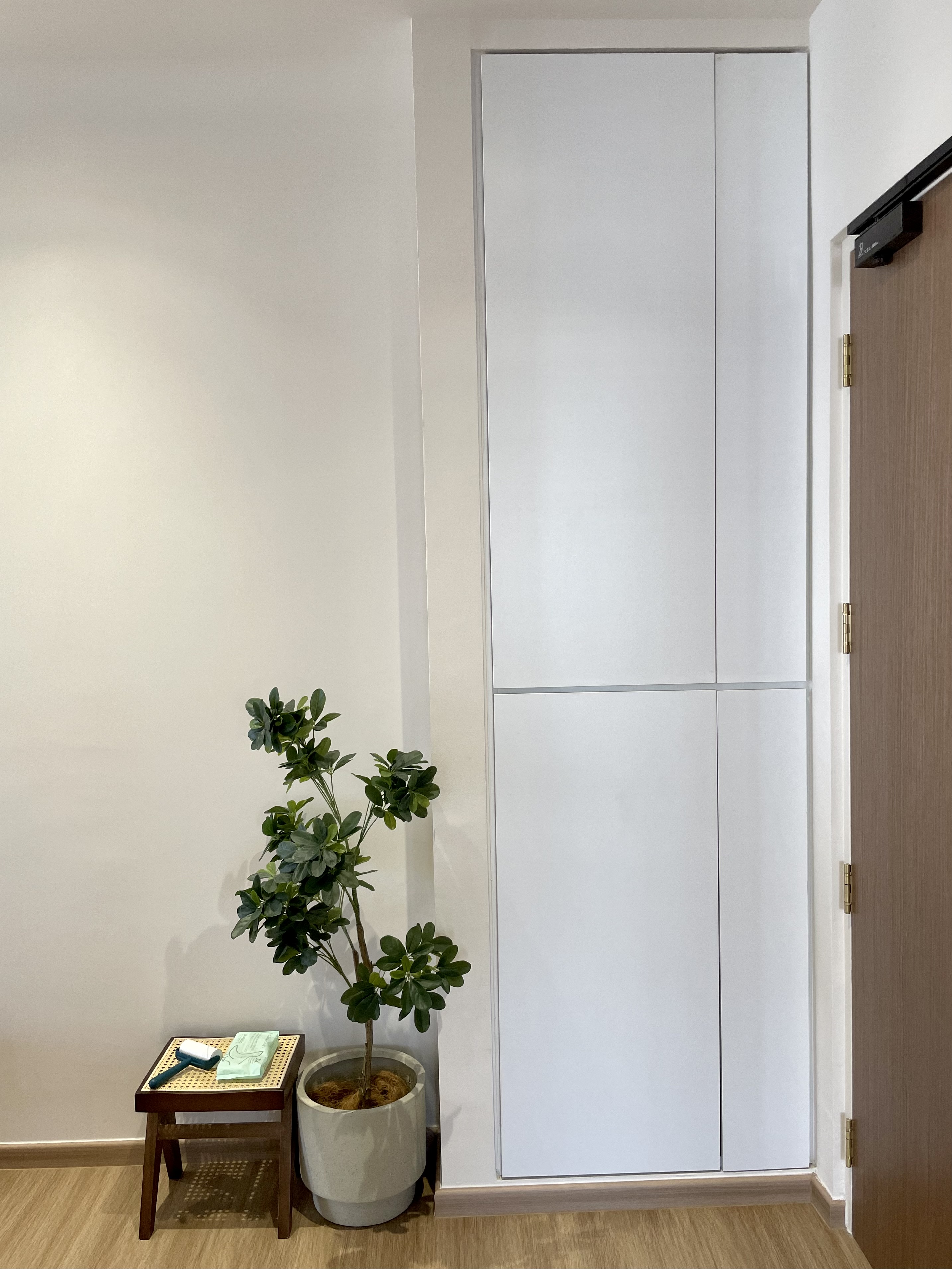 Simple Entryway with Shoe Shelves in DB Box  - White minimalist wardrobe, modern interior design, sleek furniture, wooden