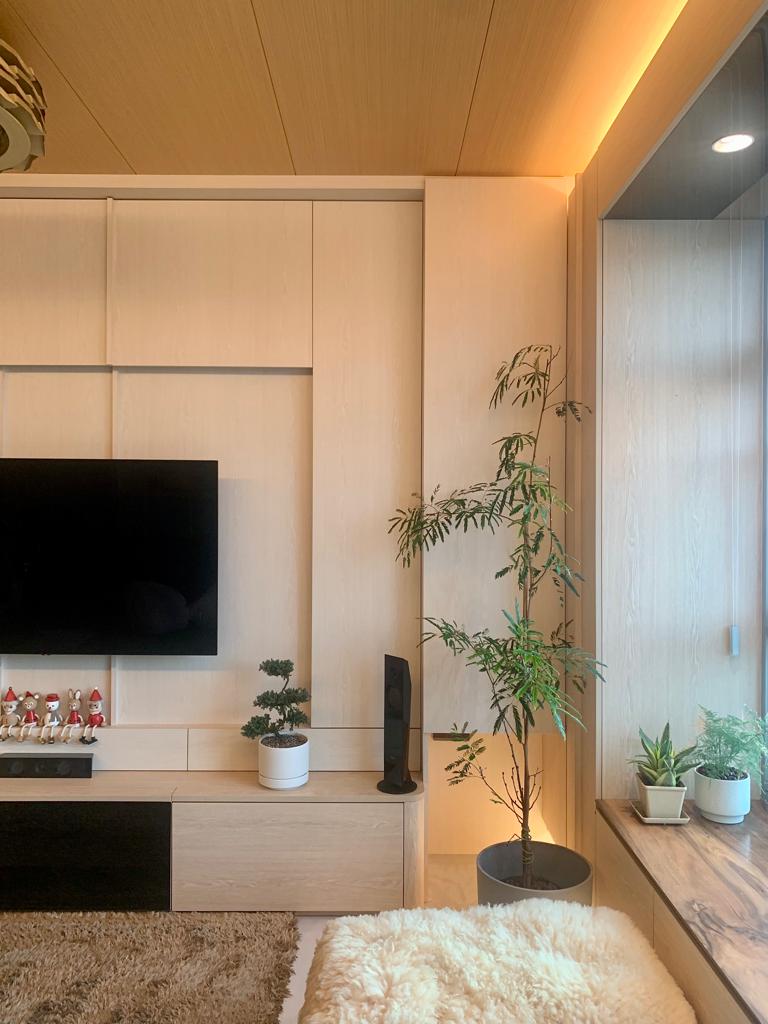 Japanese Inspired Interior | Living with hidden storages  - Wooden cabinetry, modern design, minimalist decor, sleek TV
