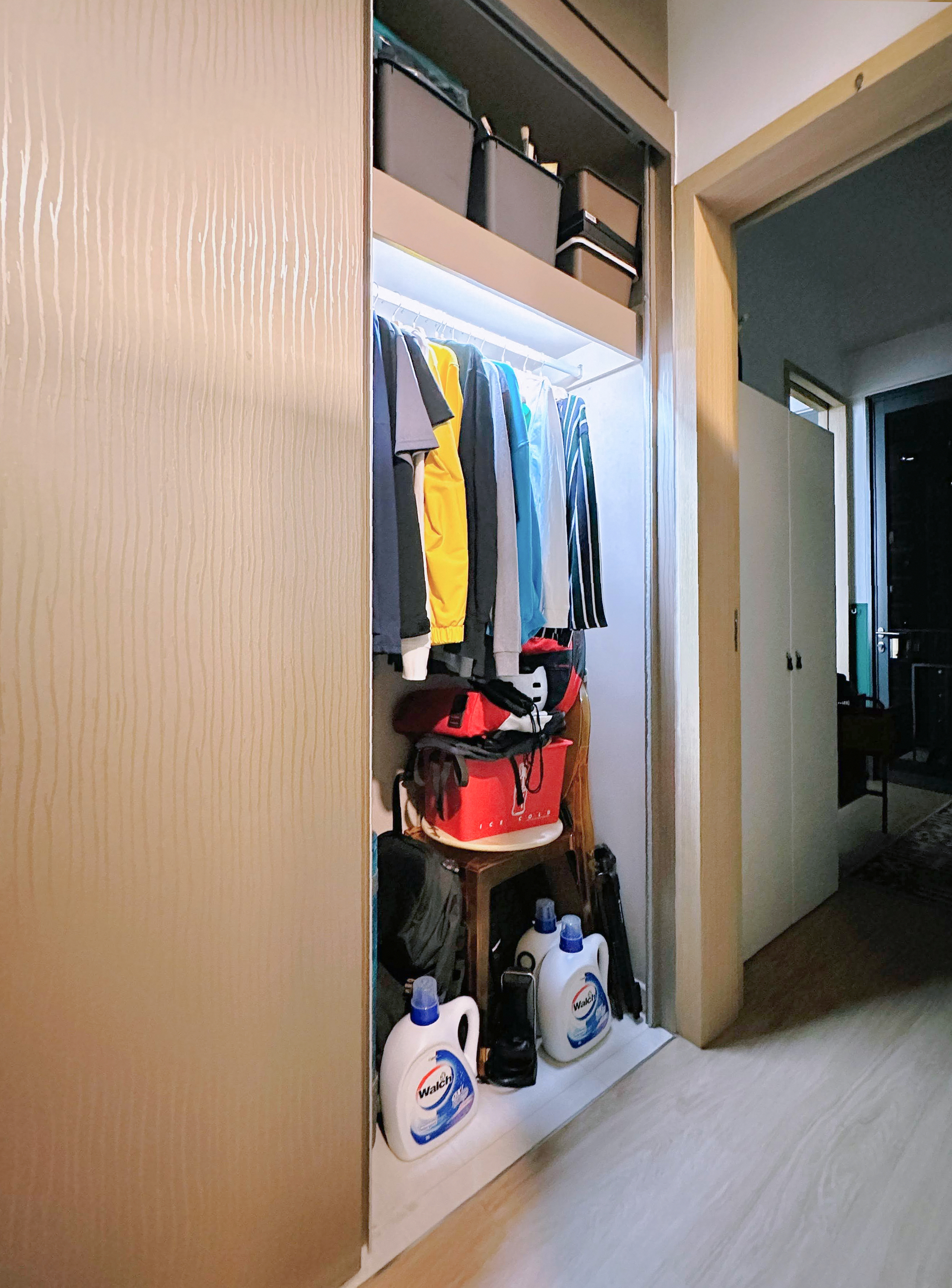 How We Do & Dry Our Laundry In Our 2-Room Condo Where Space Is Limited - Light beige textured wall, wardrobe door open