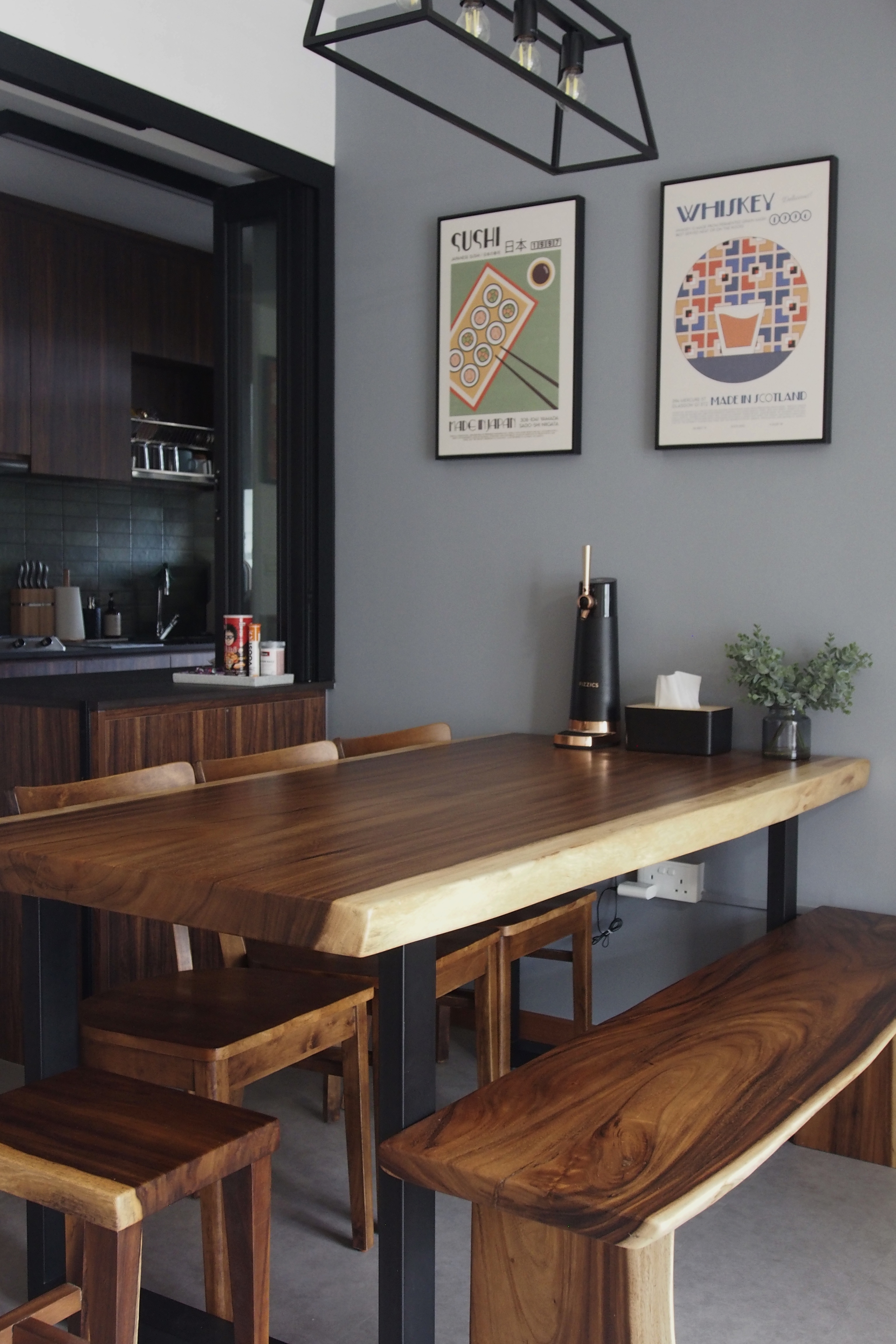 Adding a splash of colour to makan time - Wooden dining table, modern kitchen, minimalist design, wooden chairs, sleek black